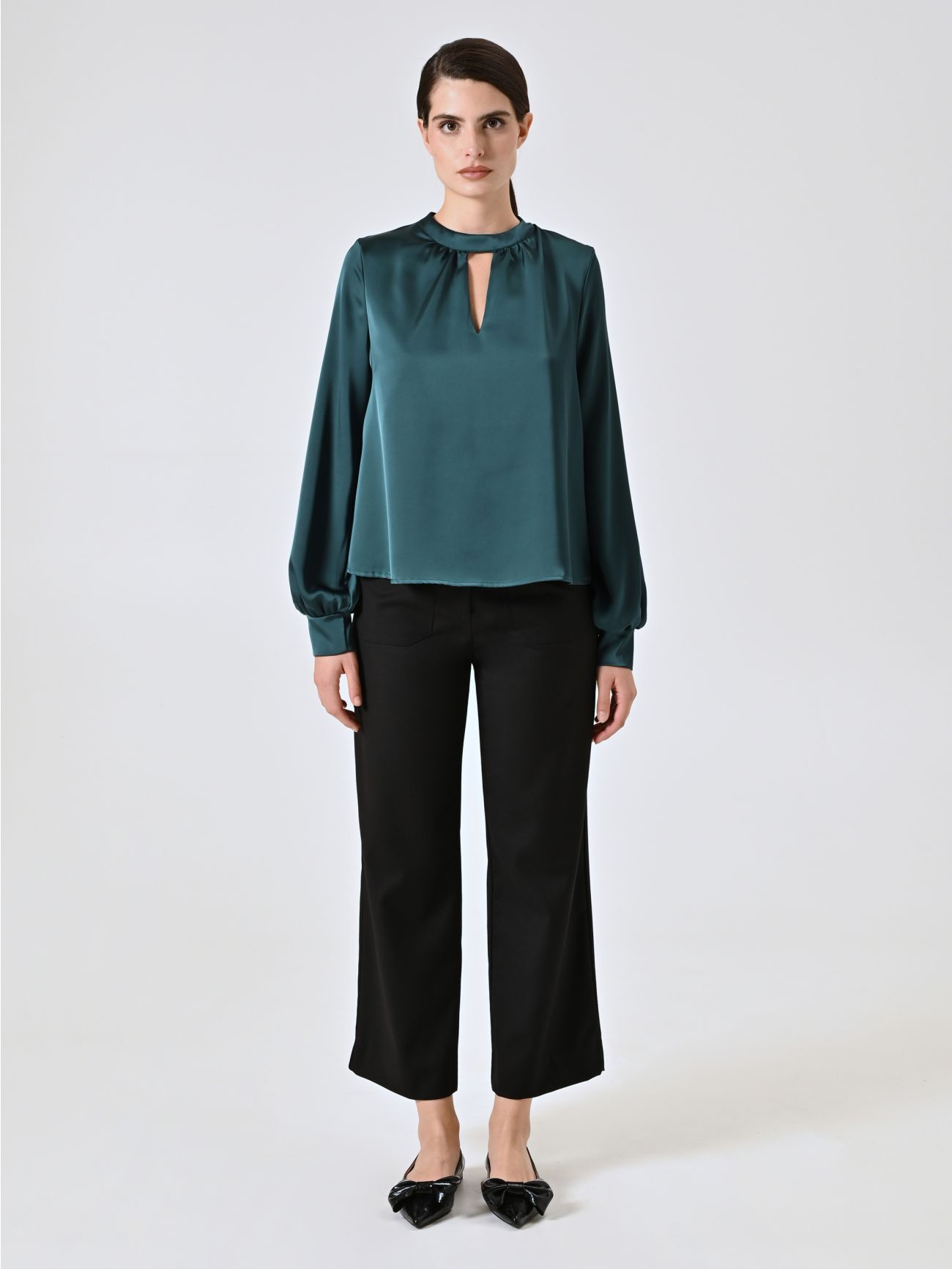 Green Satin Blouse with Cut-Out Detail det_1
