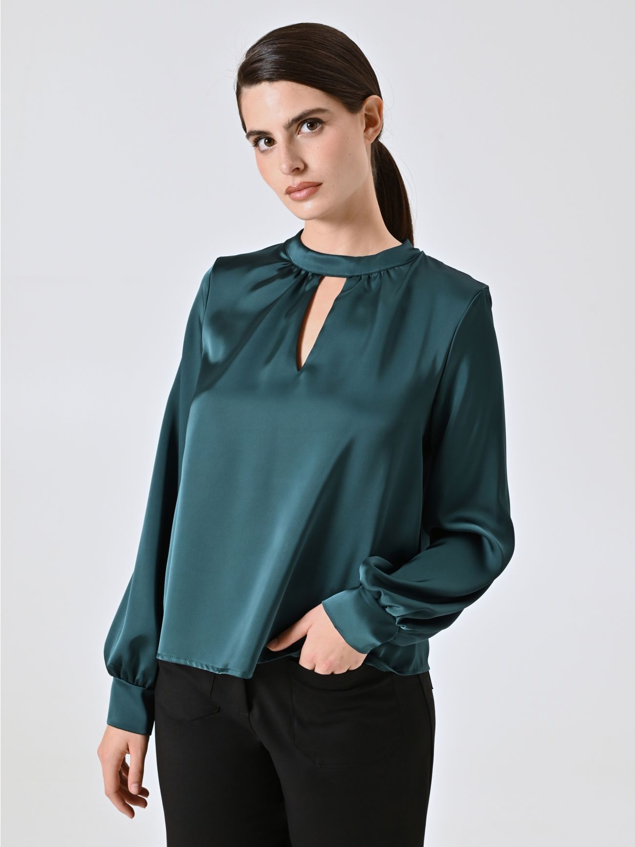 Green Satin Blouse with Cut-Out Detail in_i7