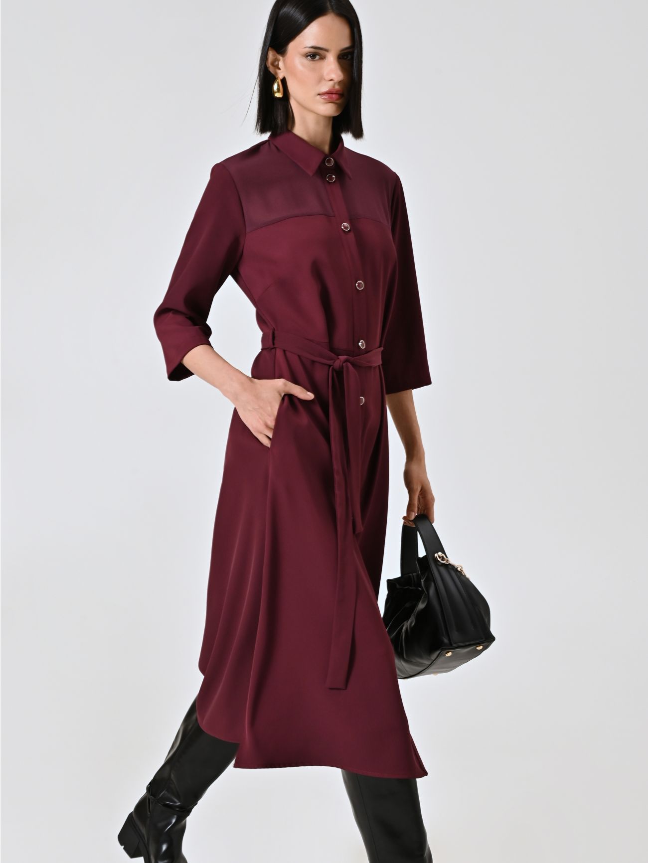 Robe chemise bordeaux en tissu crêpe cady sp_e1
