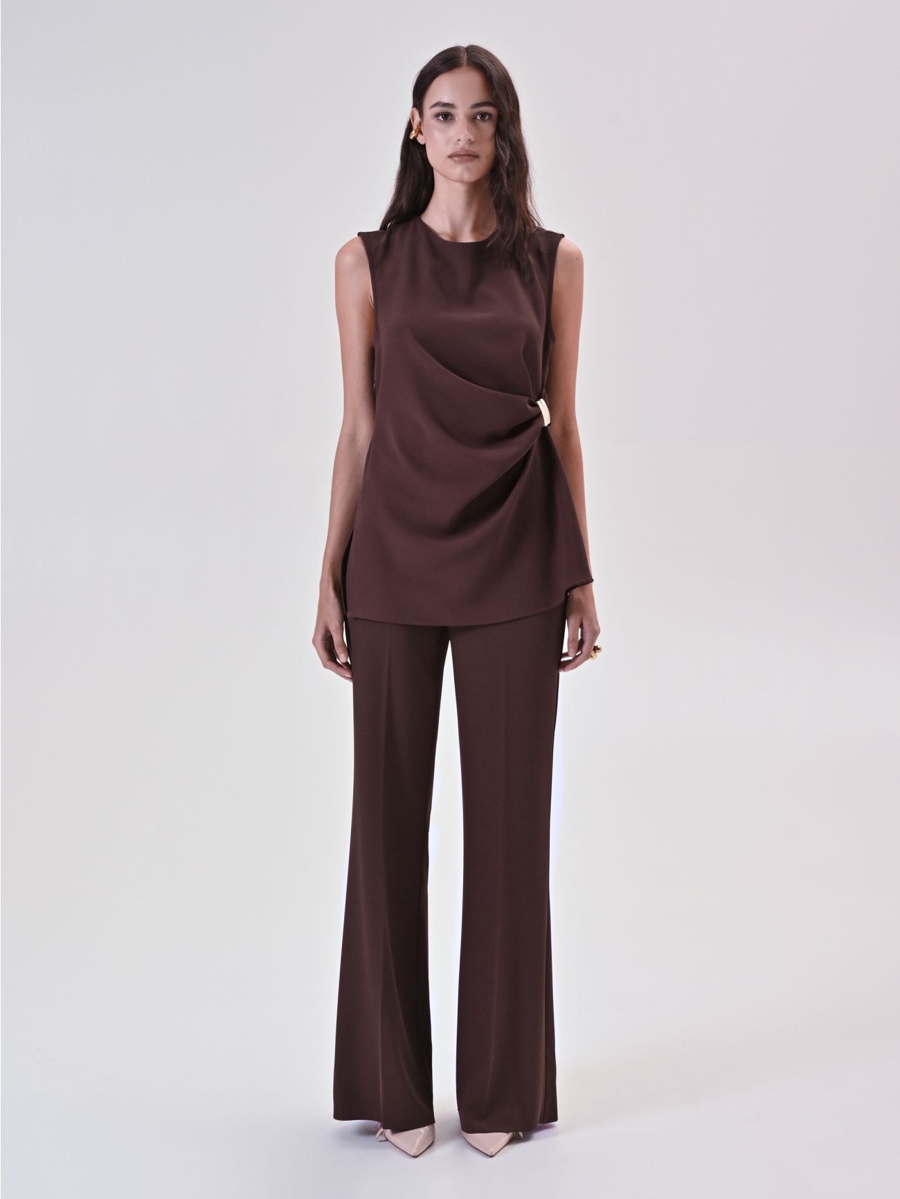 Brown Top with Drape and Jewel det_1
