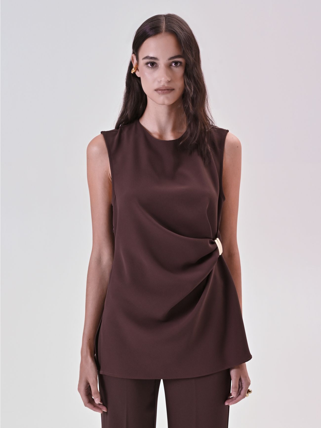 Brown Top with Drape and Jewel det_2