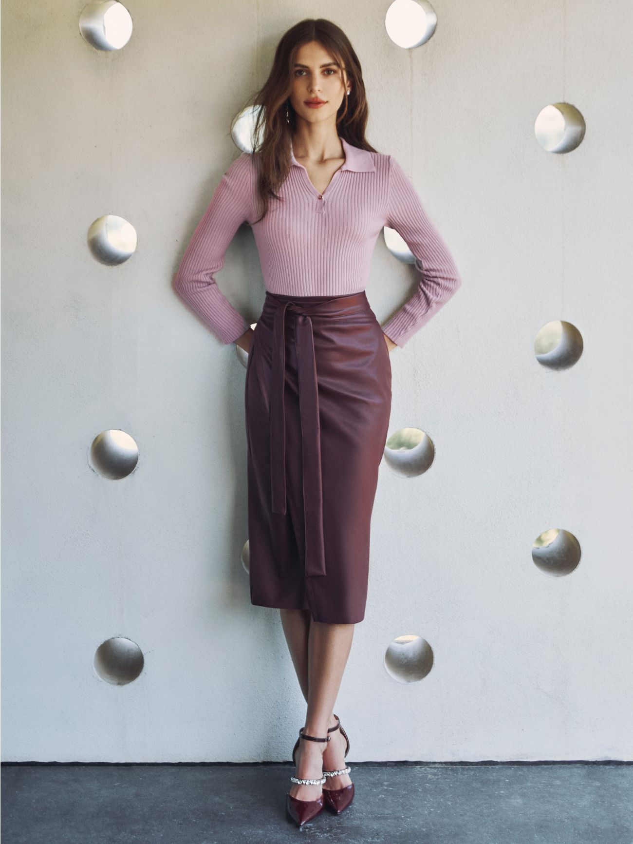 Burgundy Faux Leather Midi Skirt  Rinascimento