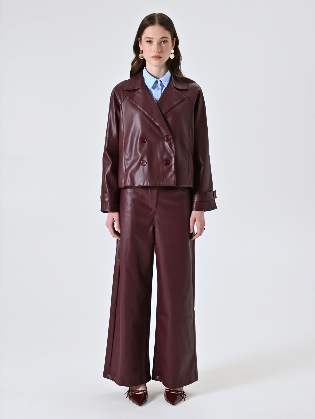 Chaqueta cruzada de piel sintética burdeos det_1