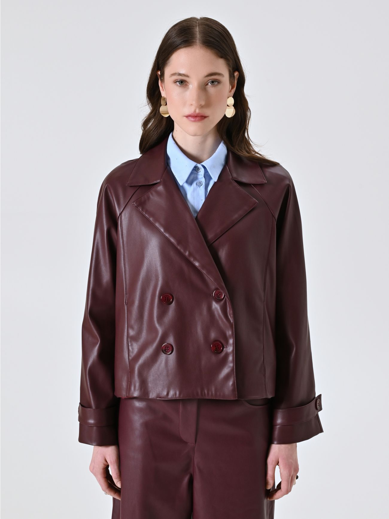 Chaqueta cruzada de piel sintética burdeos det_2