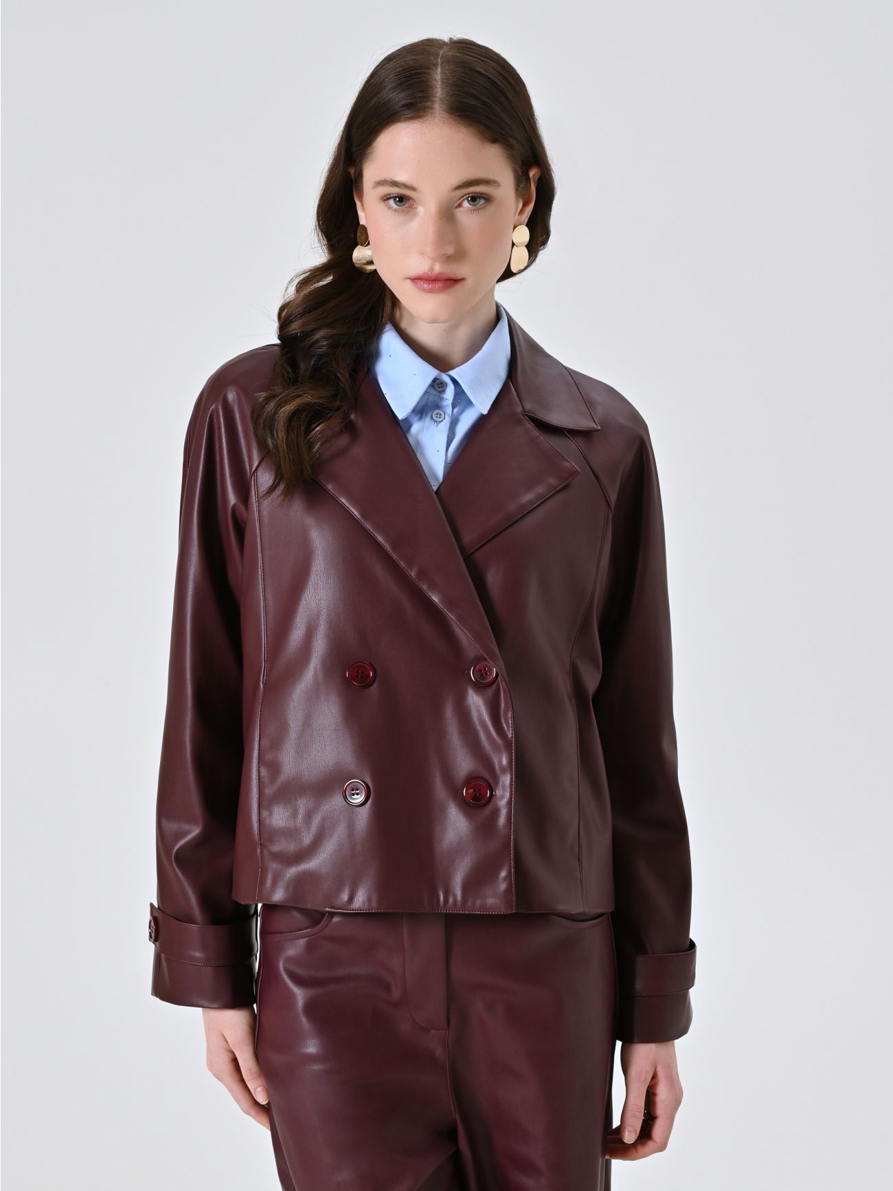 Chaqueta cruzada de piel sintética burdeos in_i7