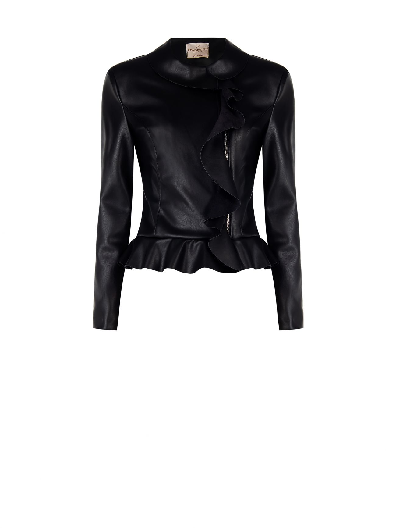 Black Faux Leather Jacket with Ruffles and Turn-down Collar det_4