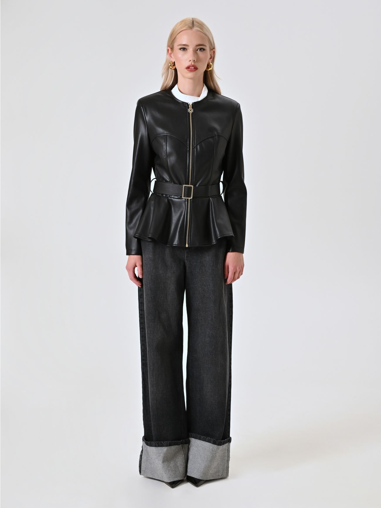 Black Faux Leather Jacket with Peplum det_1