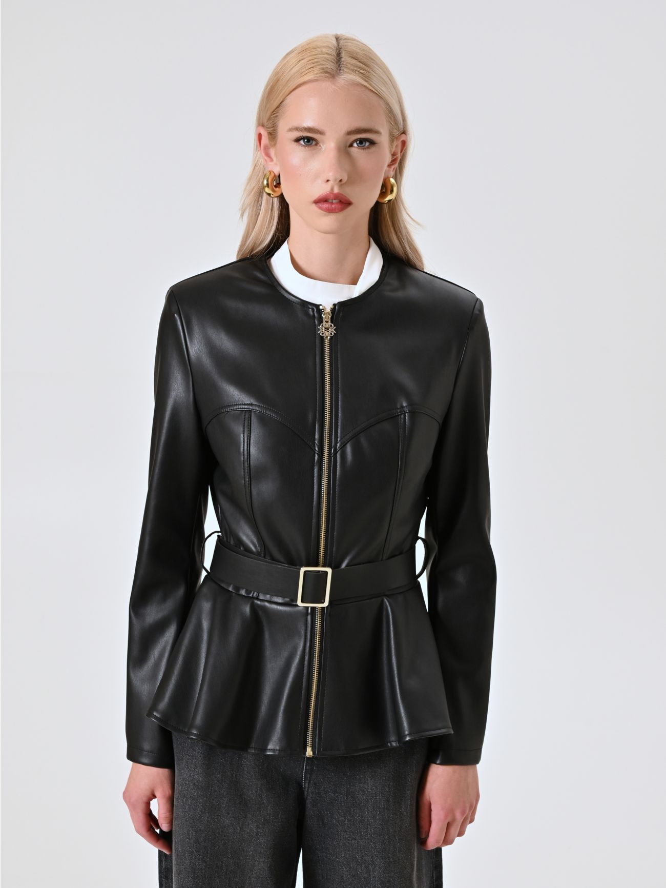Black Faux Leather Jacket with Peplum det_2