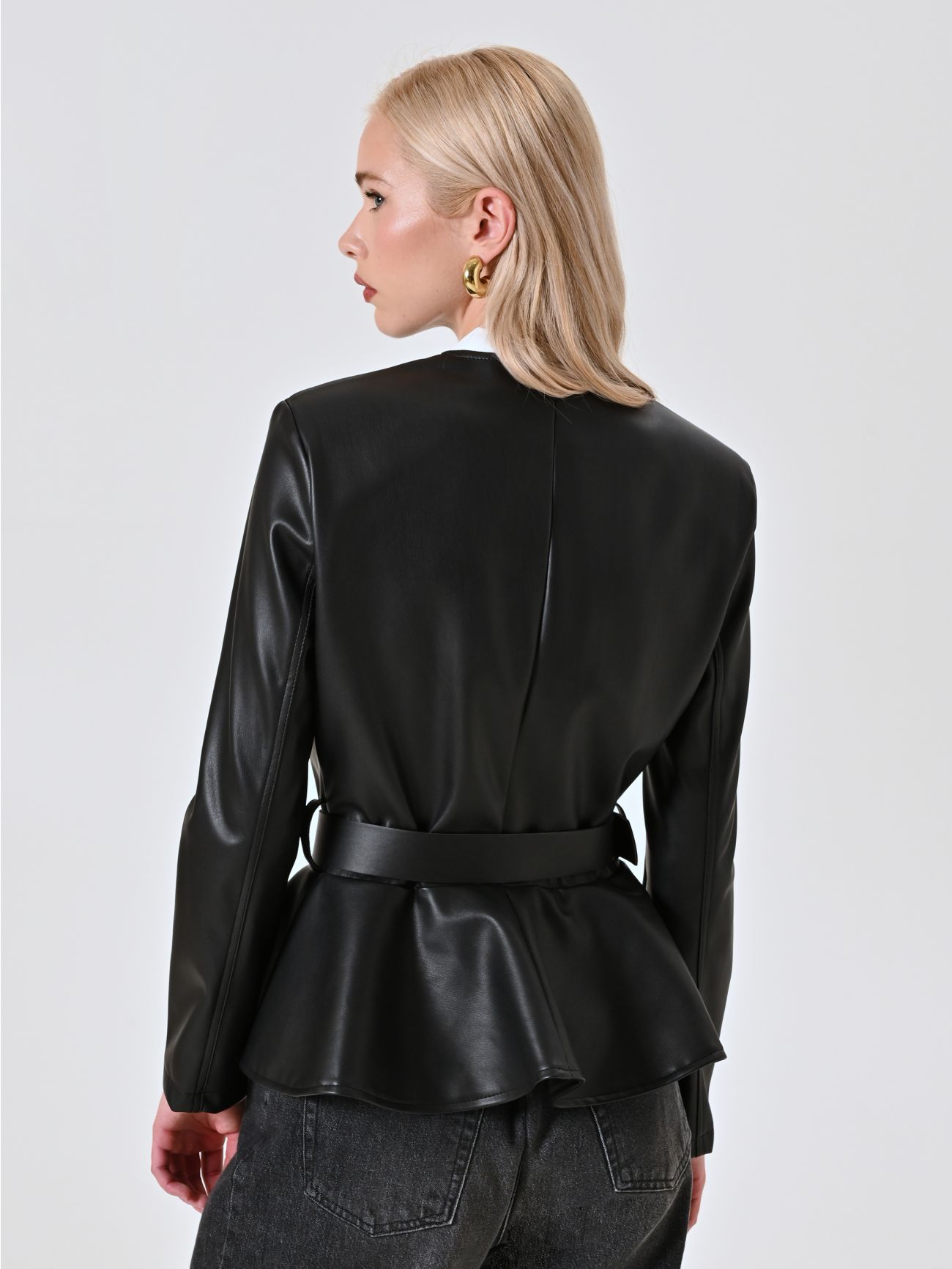 Black Faux Leather Jacket with Peplum det_3