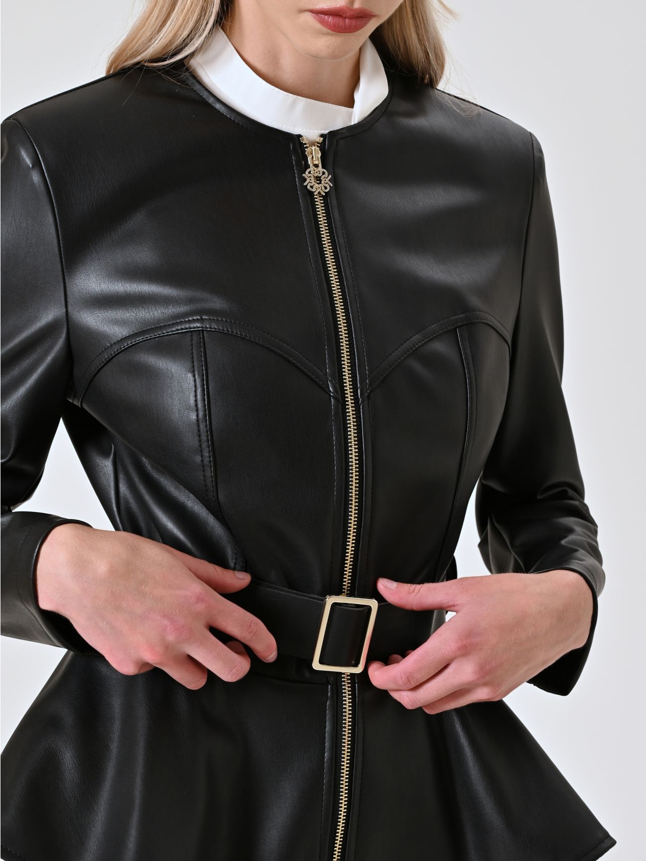 Black Faux Leather Jacket with Peplum in_i5