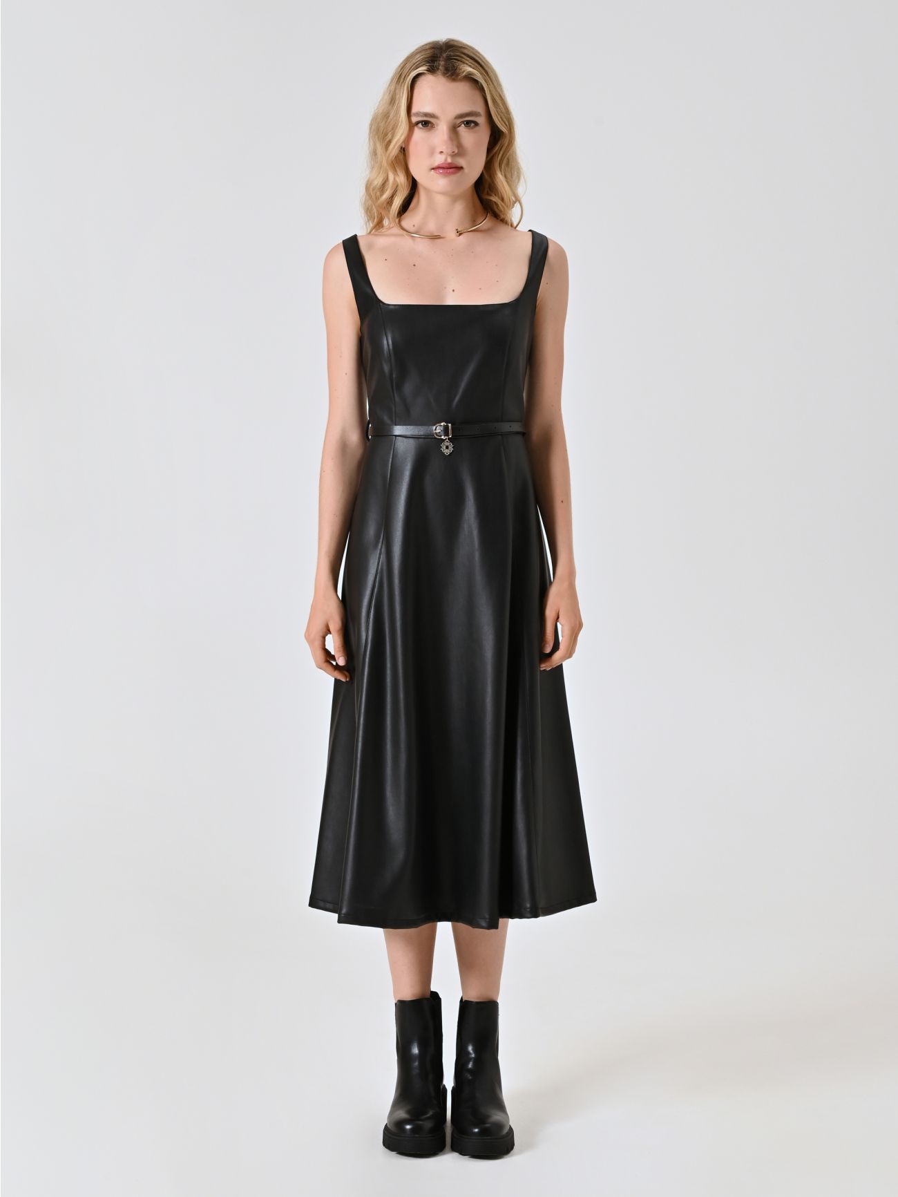 Flared Faux Leather Dress det_1