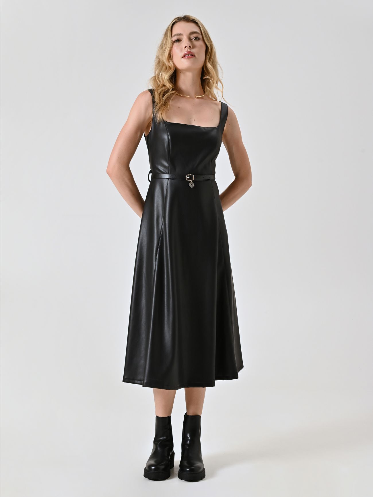 Flared Faux Leather Dress in_i7