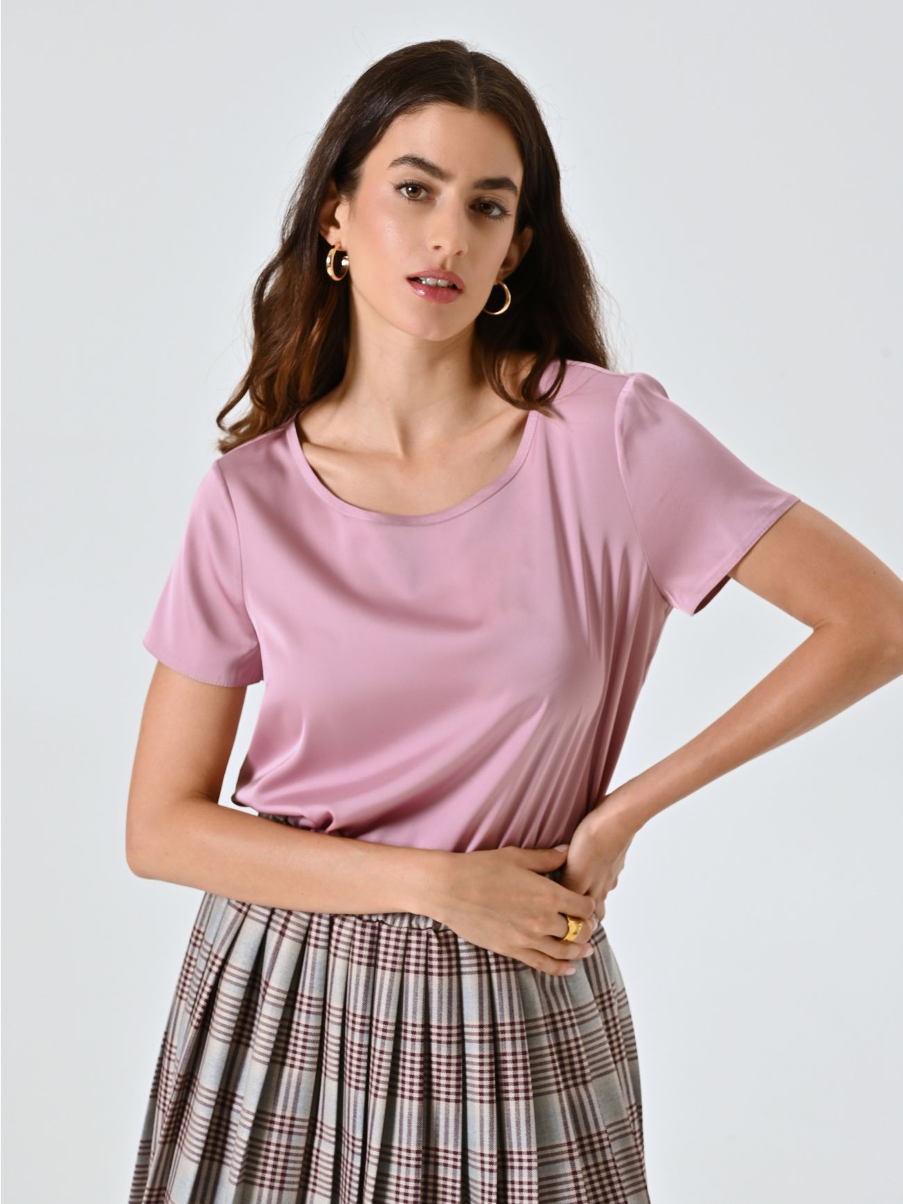 Blusa Rosa Malva Mezze Maniche in Raso in_i7
