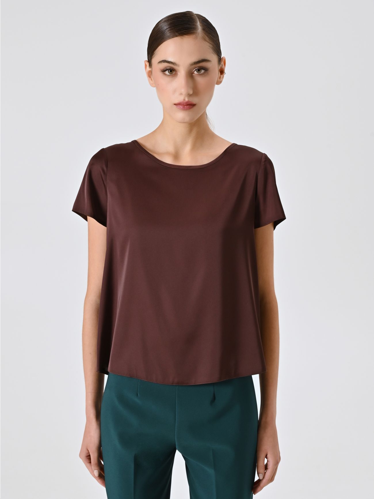 Chocolate Half-Sleeve Satin Blouse det_2