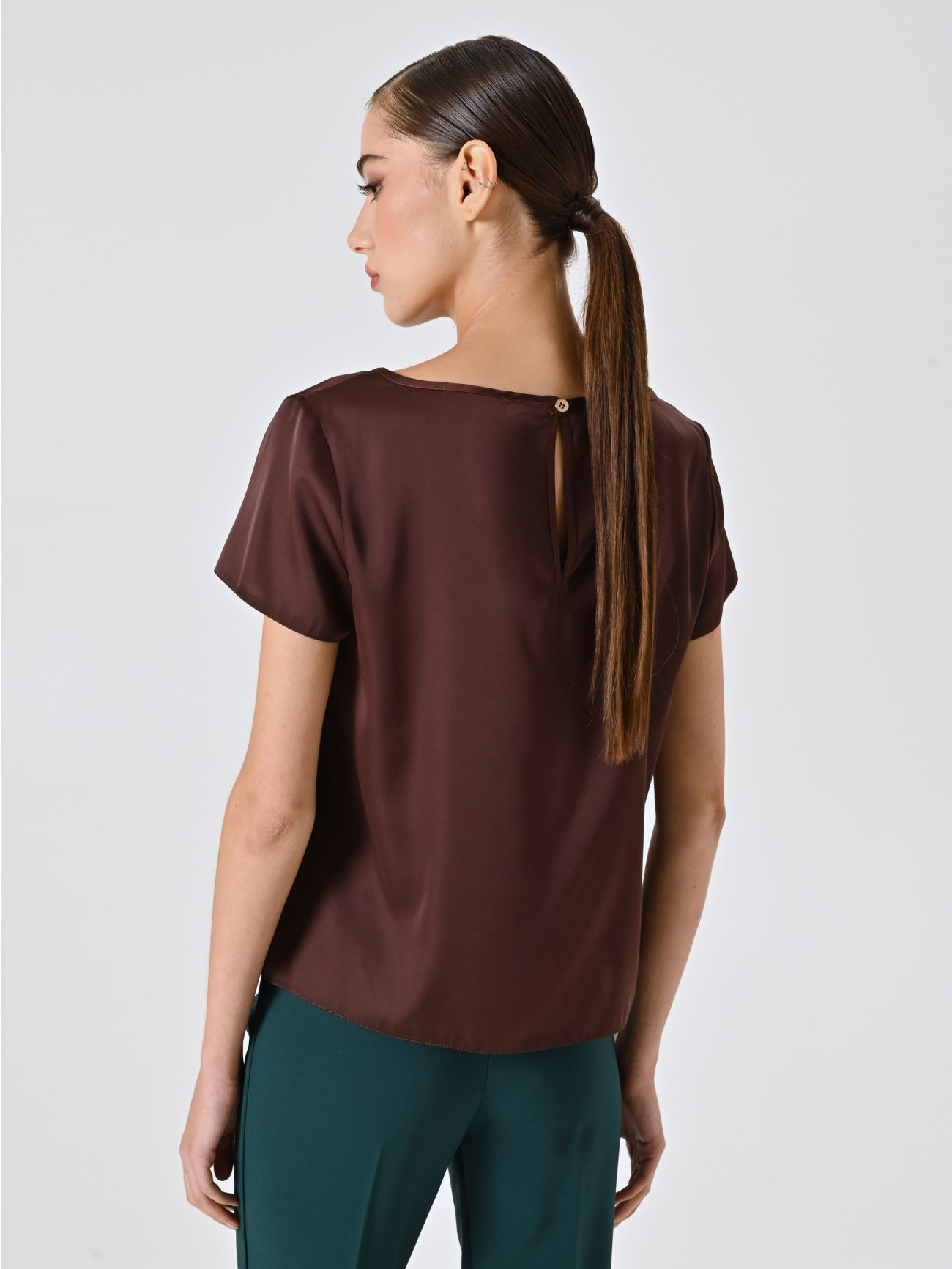 Chocolate Half-Sleeve Satin Blouse det_3