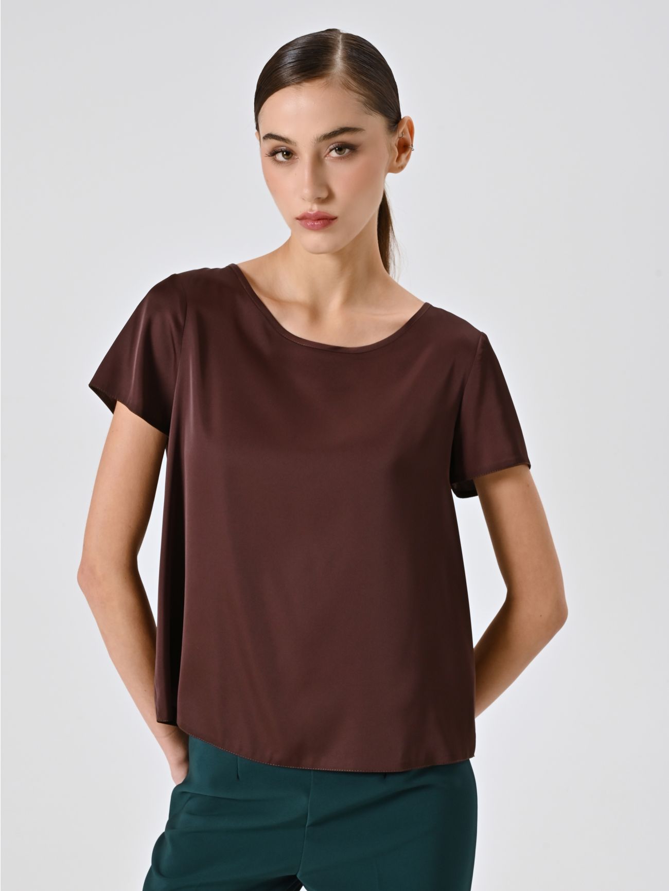 Chocolate Half-Sleeve Satin Blouse in_i7