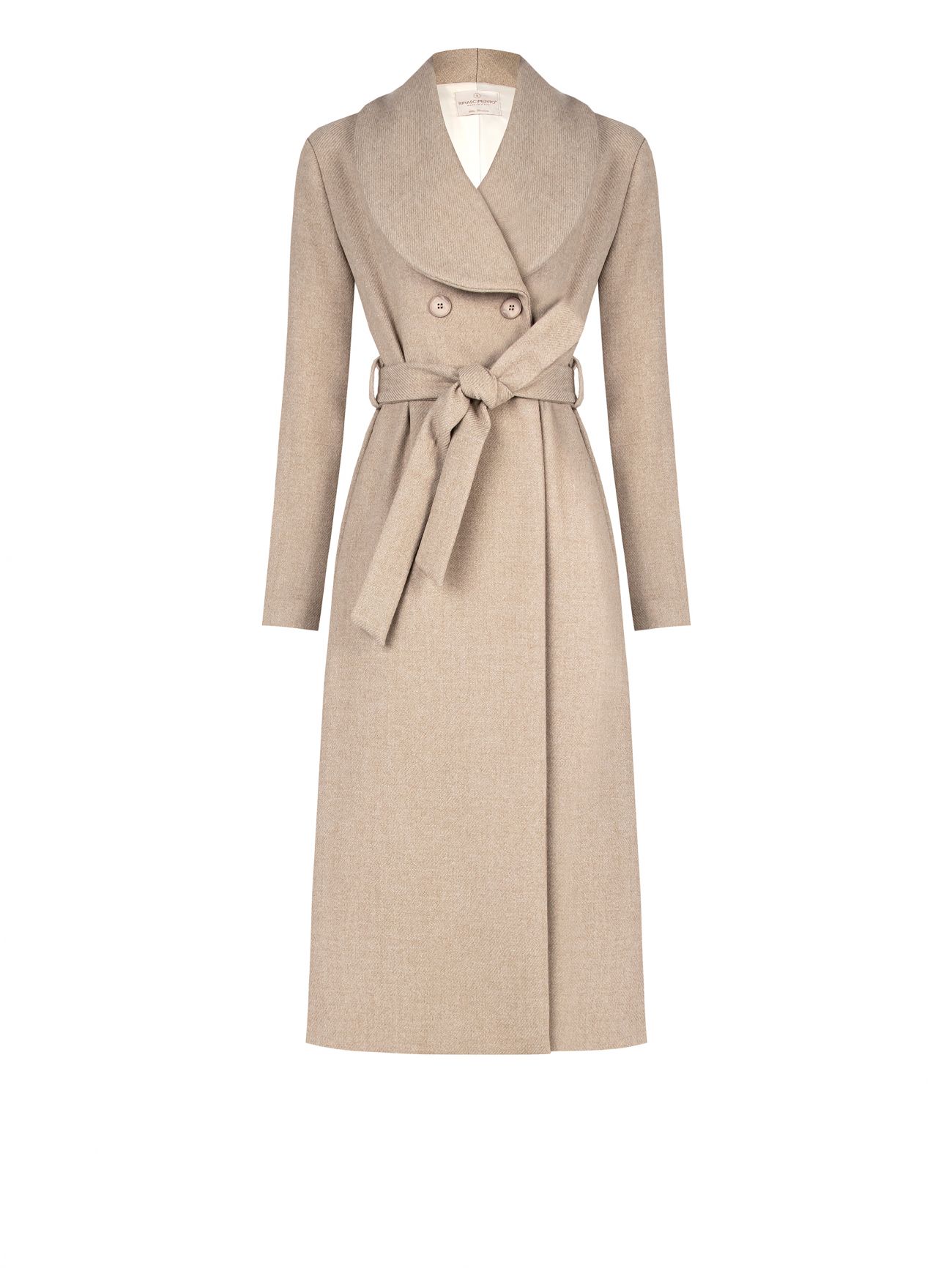 Beige Long Double-Breasted Coat with Wide Lapel det_4