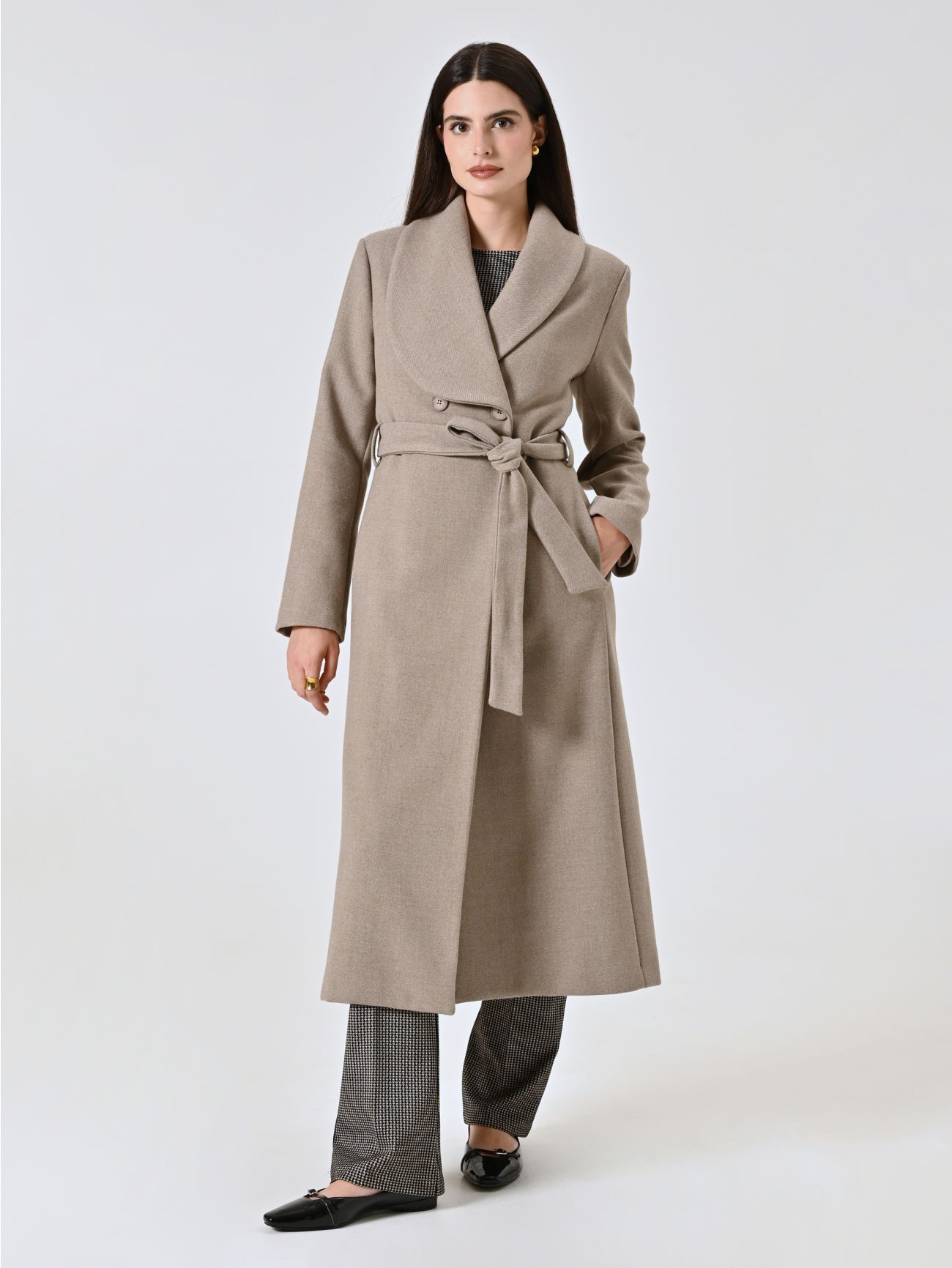 Beige Long Double-Breasted Coat with Wide Lapel in_i7