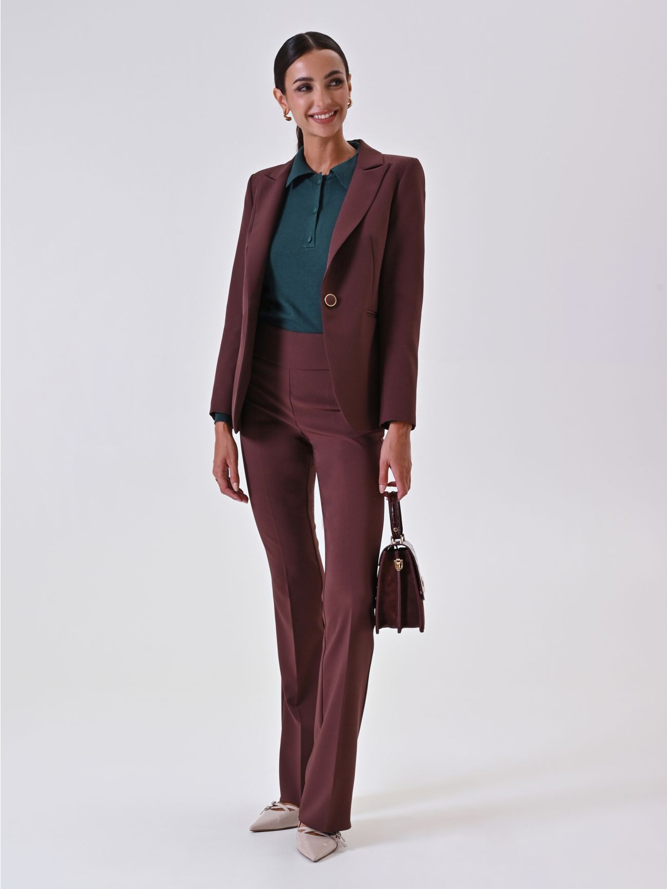 Pantalon évasé marron chocolat en tissu technique sp_e1