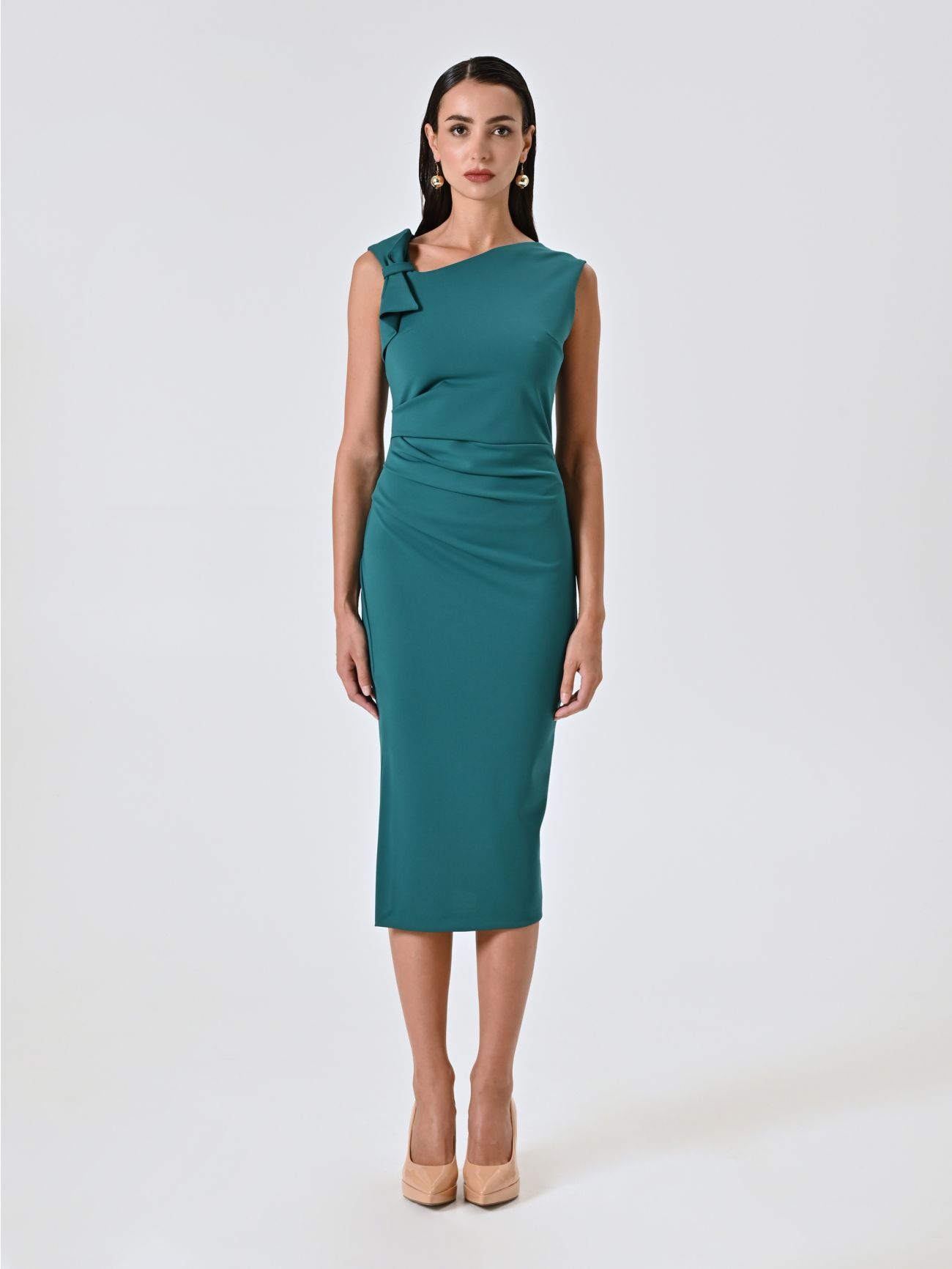 Vestido de tubo midi en punto milano verde con lazo det_1