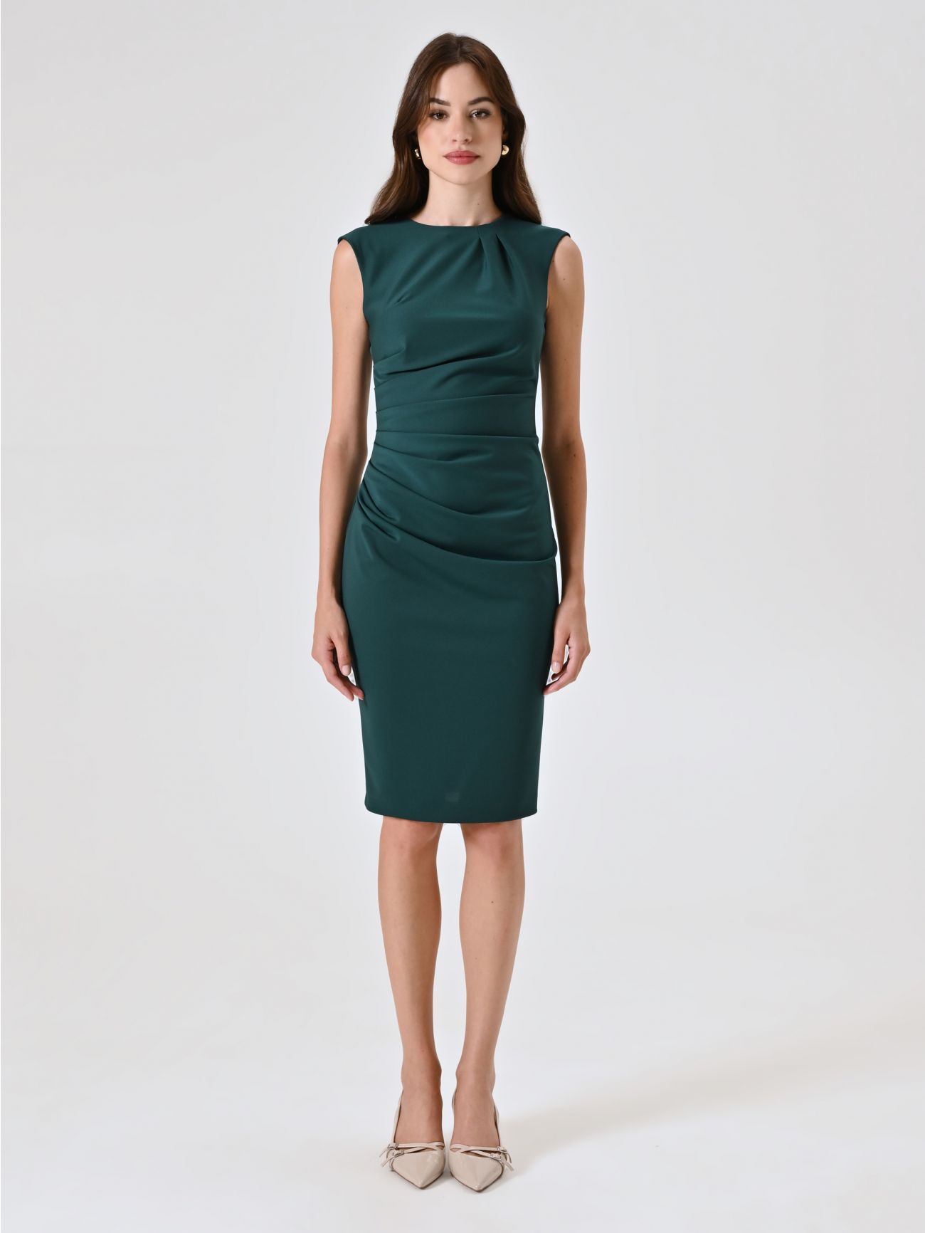 Green Punto Milano Sheath Dress with Draping det_1