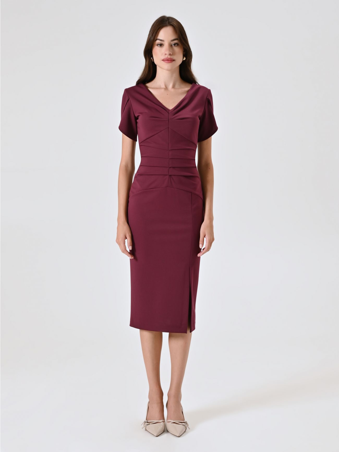 Tubino Bordeaux con Pieghe Cucite effetto Drappeggio det_1