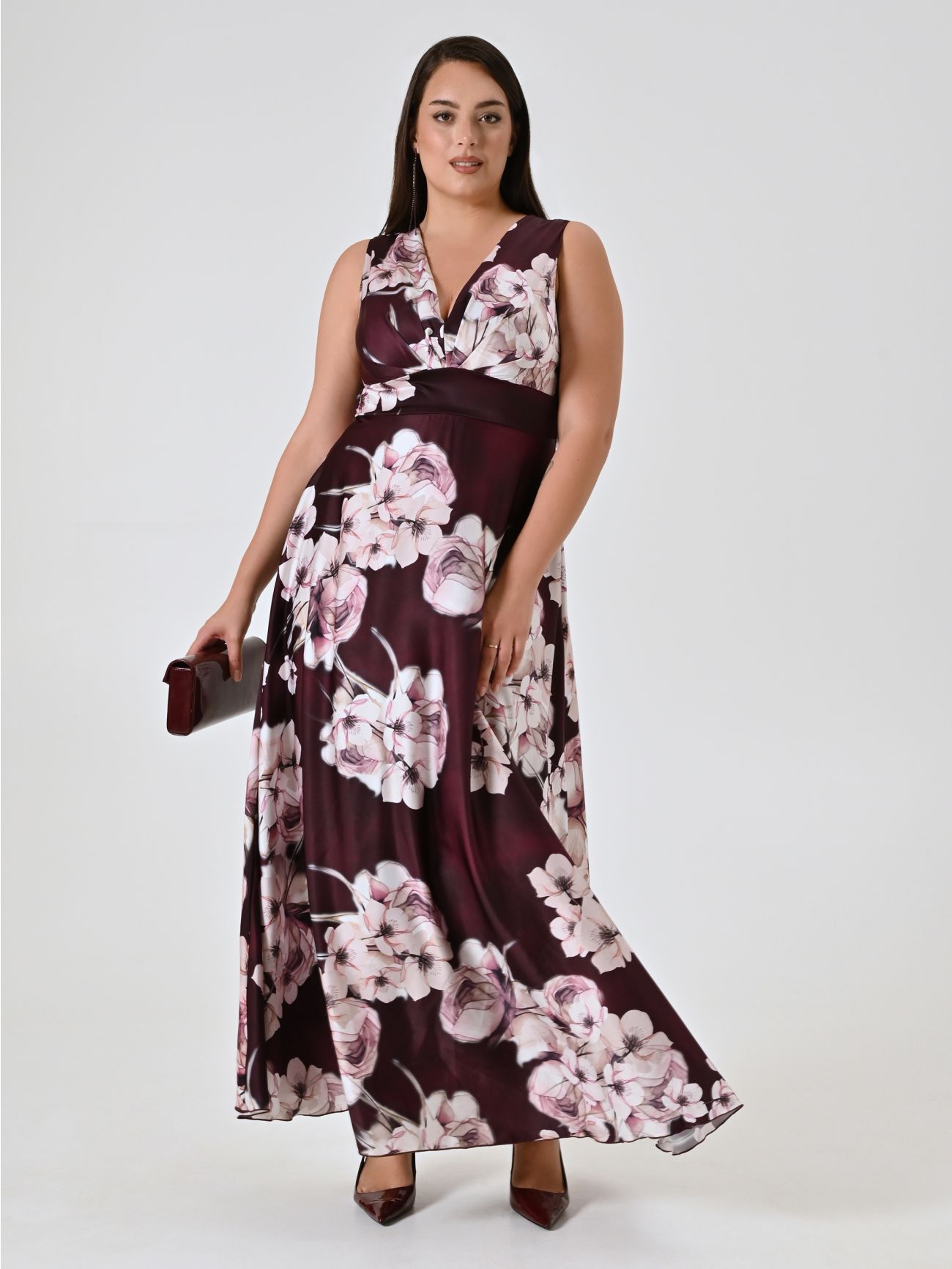 Vestido largo curvy burdeos con estampado floral sp_e1