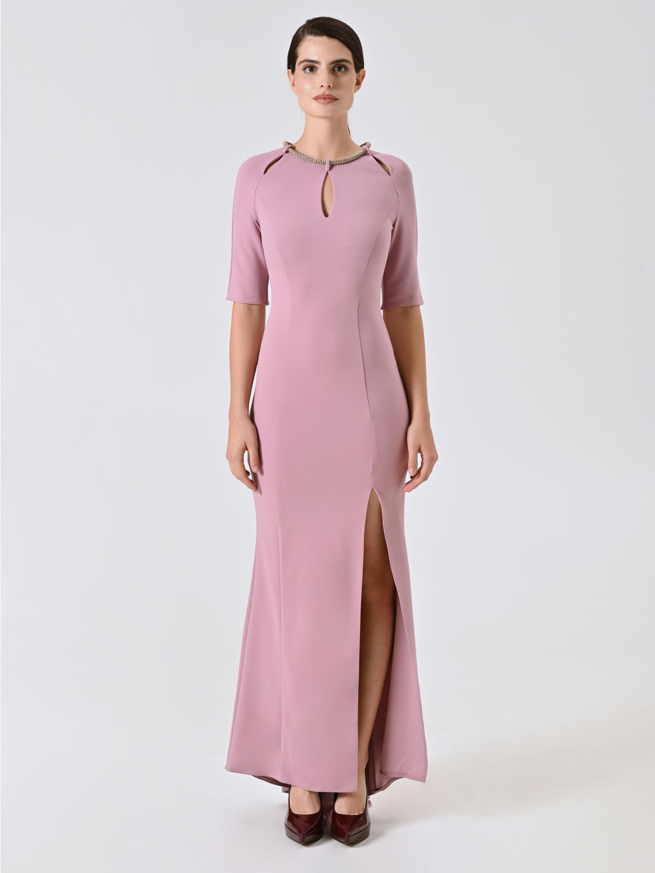 Long Mauve Pink Dress with Rhinestone Piping det_1