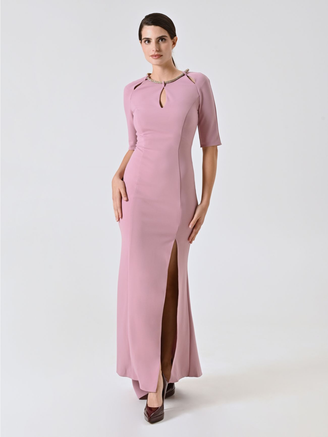 Long Mauve Pink Dress with Rhinestone Piping in_i7