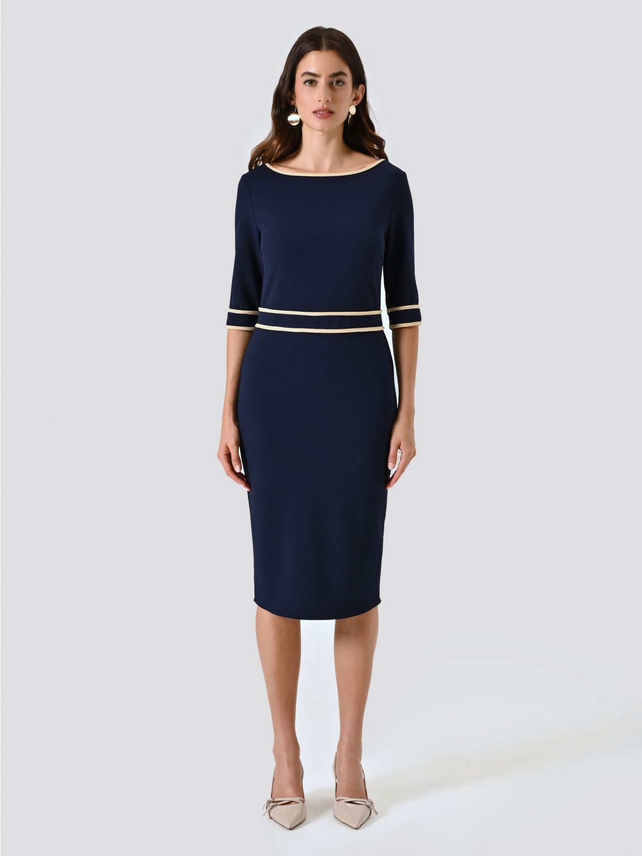 Blue Dress in Scuba Crepe with Piping det_1