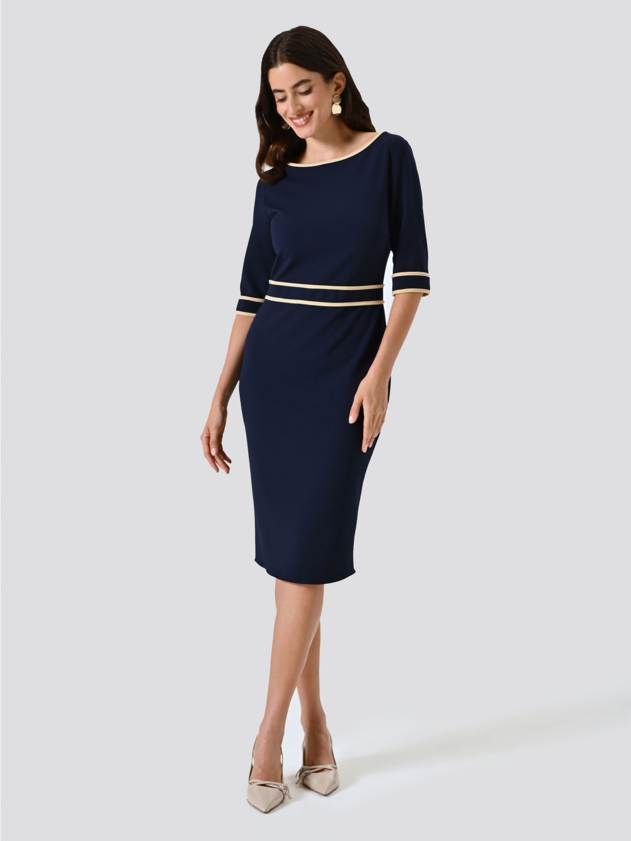 Blue Dress in Scuba Crepe with Piping in_i7