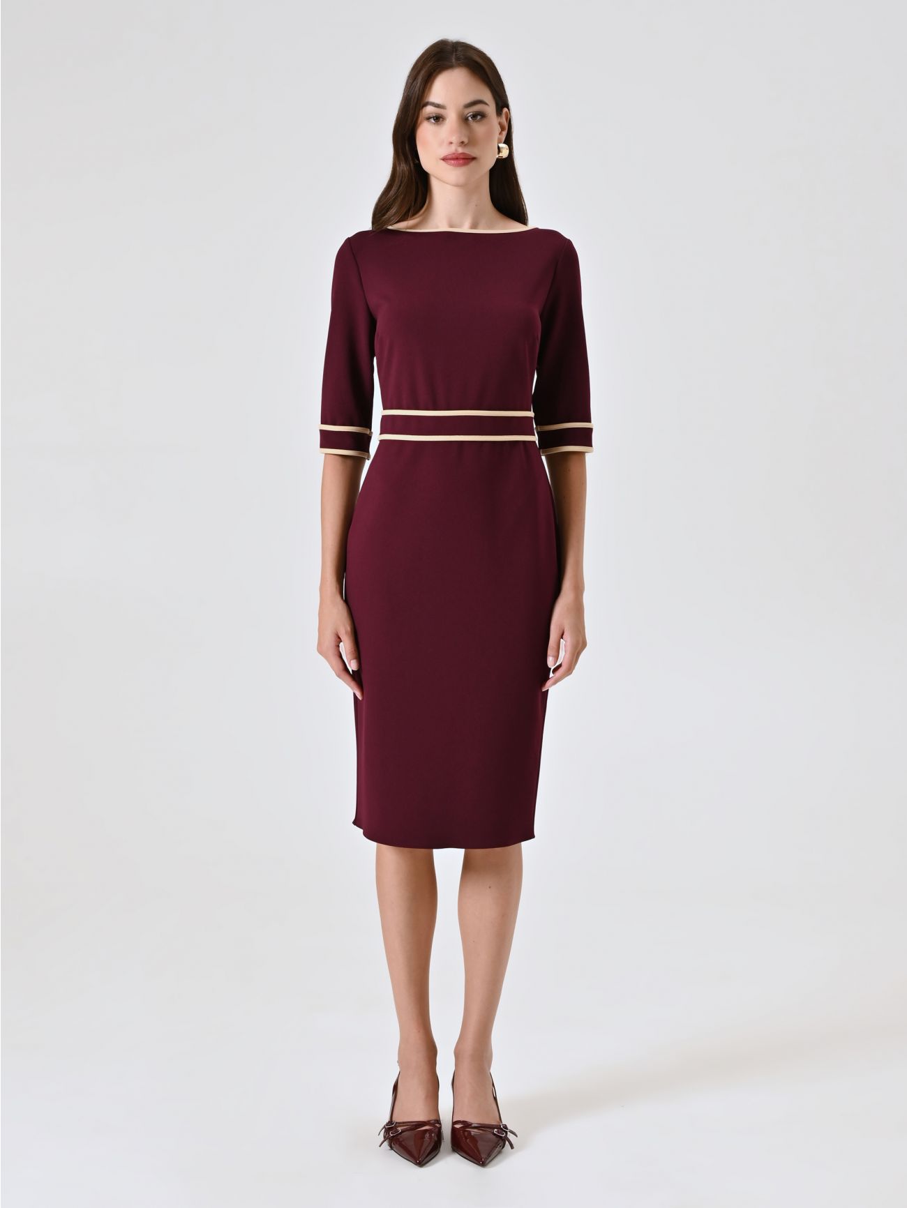 Burgundy Scuba Crepe Dress with Piping det_1