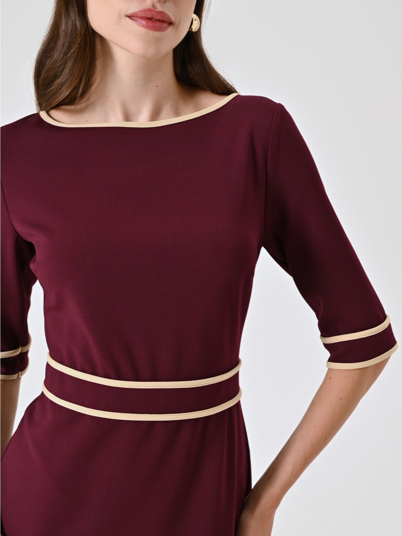 Burgundy Scuba Crepe Dress with Piping in_i5