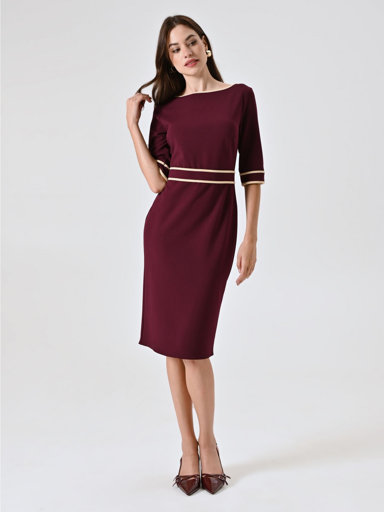 Burgundy Scuba Crepe Dress with Piping in_i7