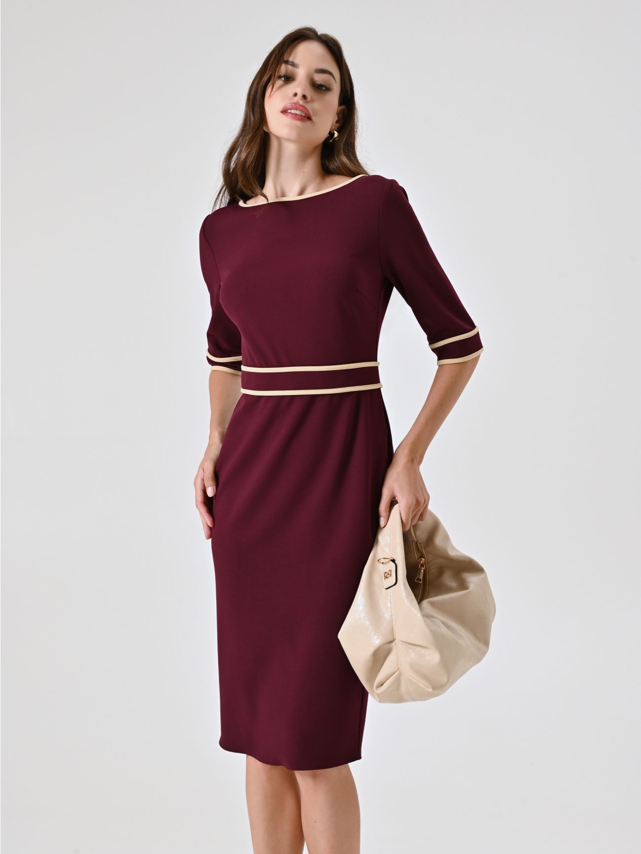 Burgundy Scuba Crepe Dress with Piping  Rinascimento