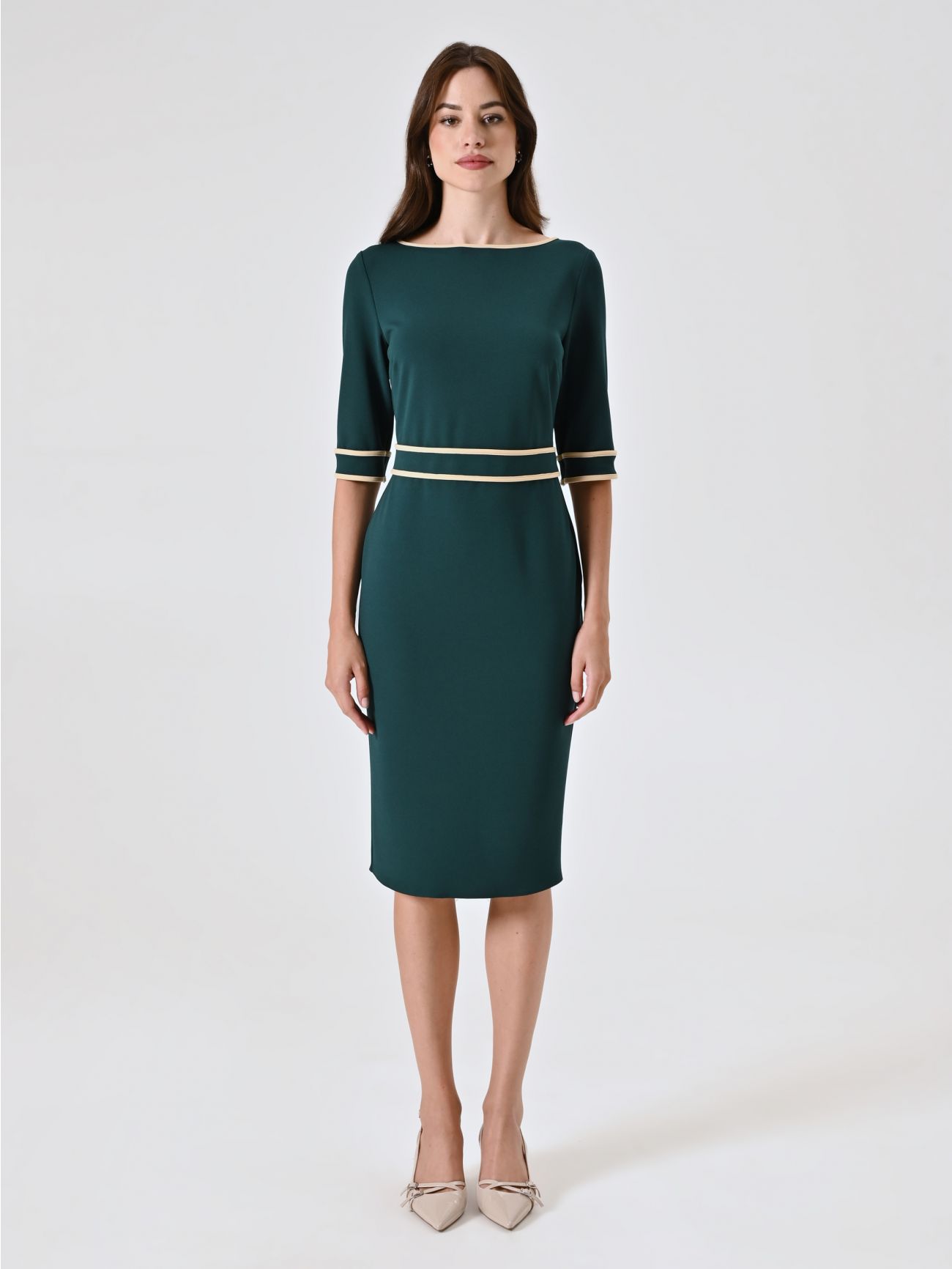 Green Dress in Scuba Mano Crepe with Piping det_1
