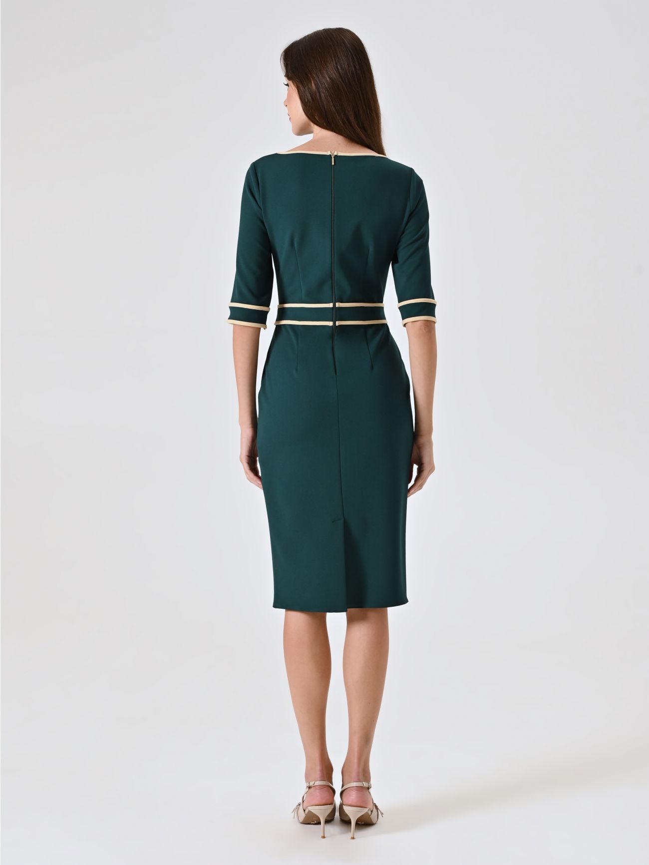 Green Dress in Scuba Mano Crepe with Piping det_3