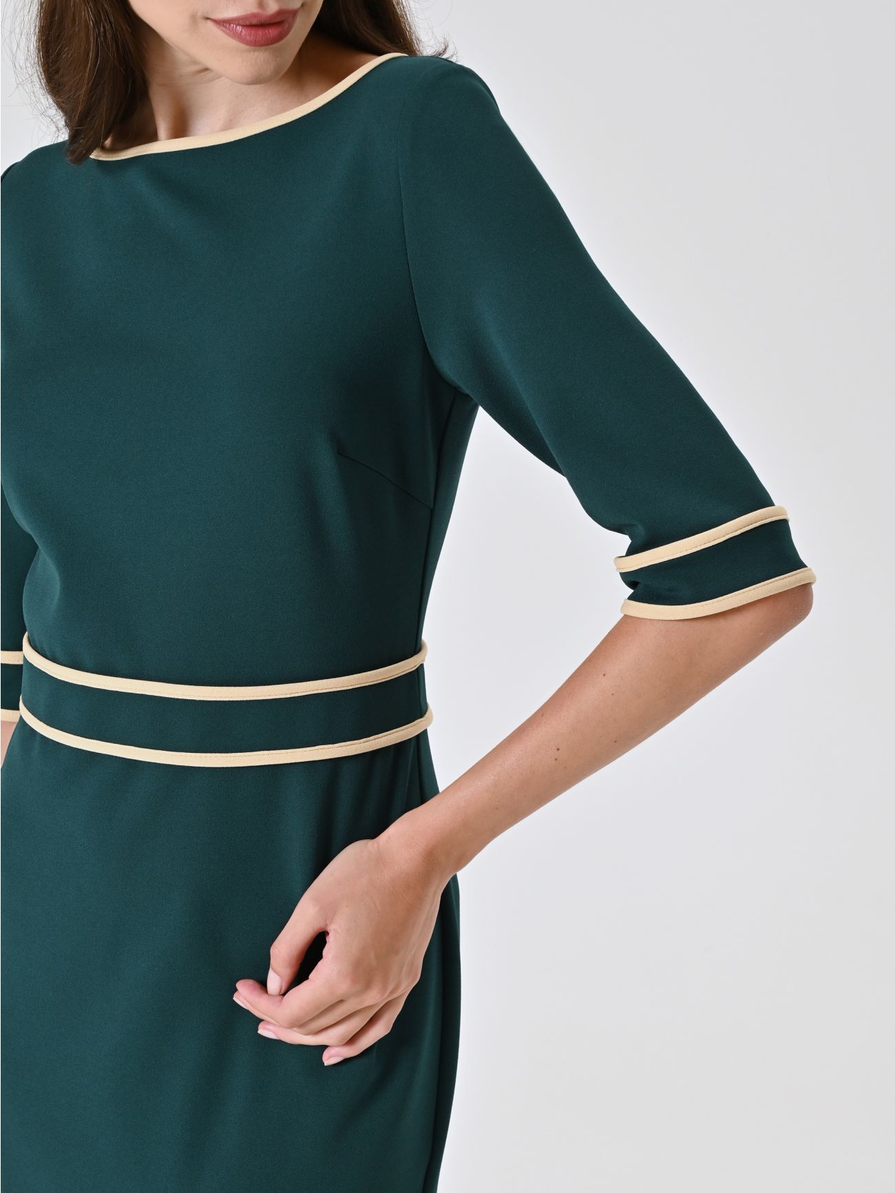 Green Dress in Scuba Mano Crepe with Piping in_i5