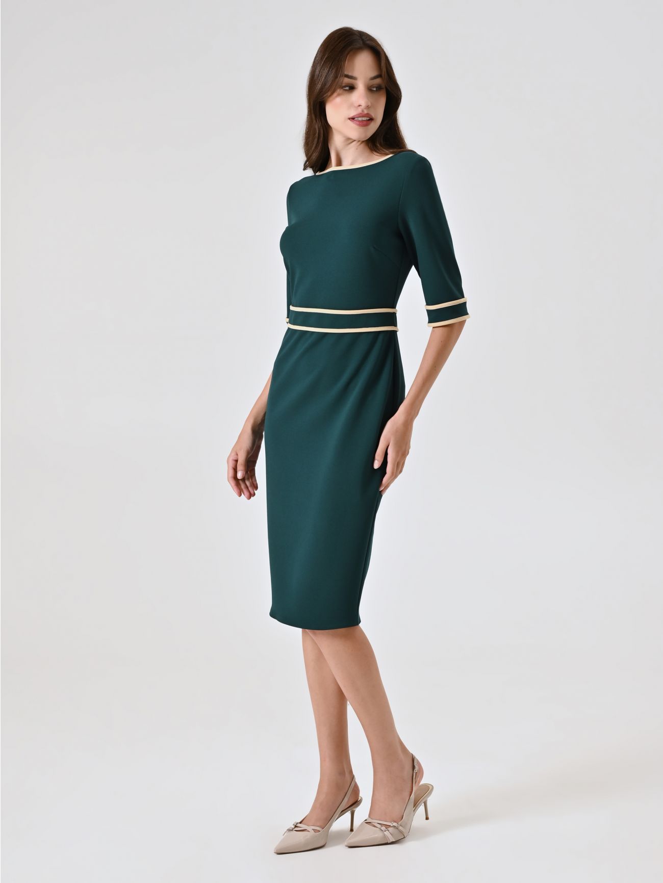 Green Dress in Scuba Mano Crepe with Piping in_i7