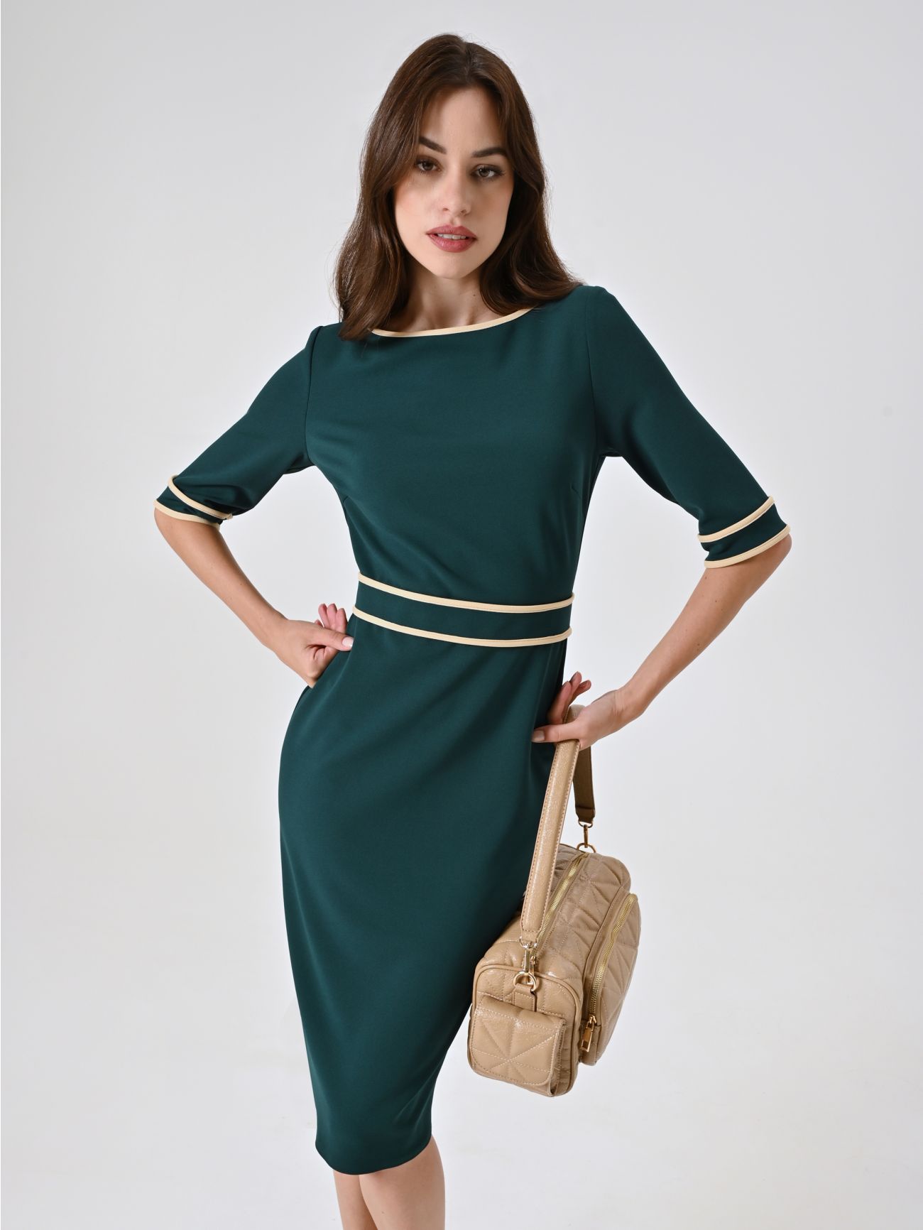 Green Dress in Scuba Mano Crepe with Piping  Rinascimento