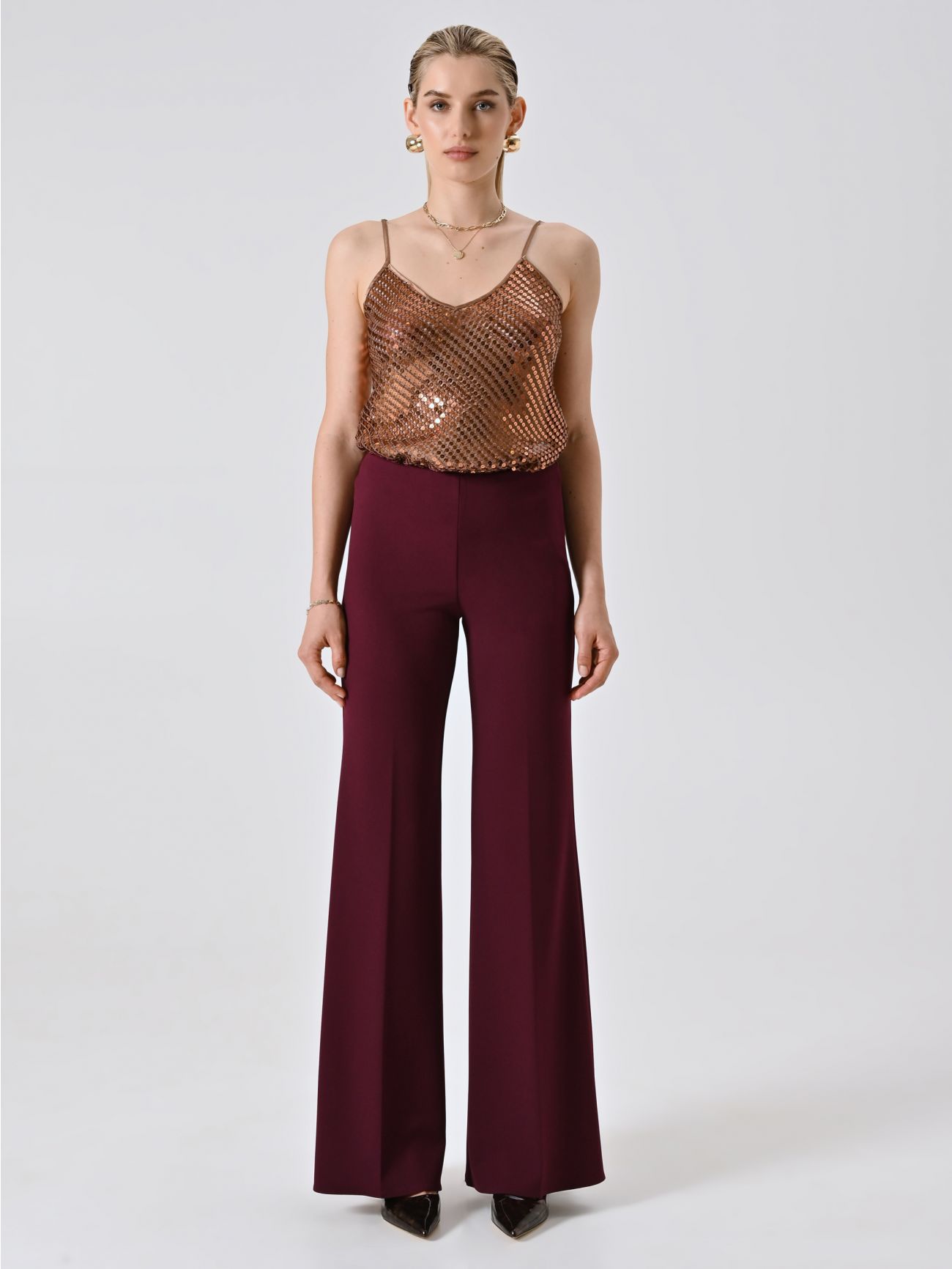 Burgundy Palazzo Trousers in Scuba Crepe Fabric det_1