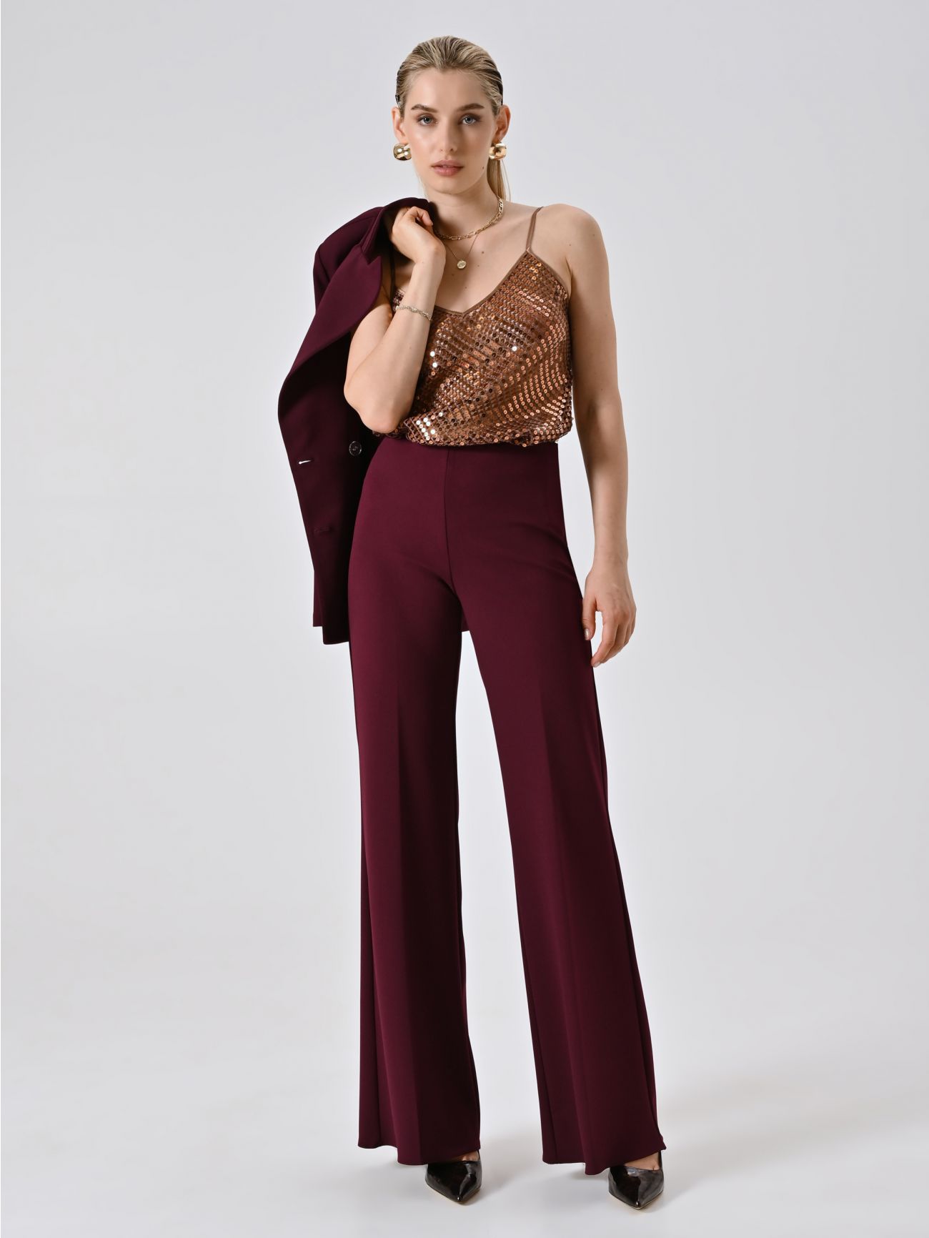 Burgundy Palazzo Trousers in Scuba Crepe Fabric sp_e1