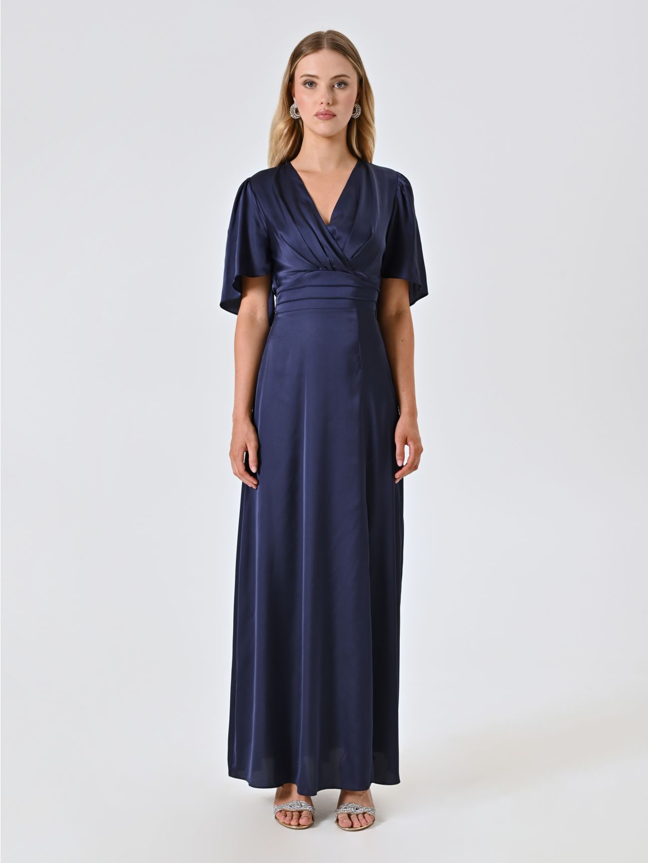 Abito Lungo in Raso Blu con Maniche Ampie det_1