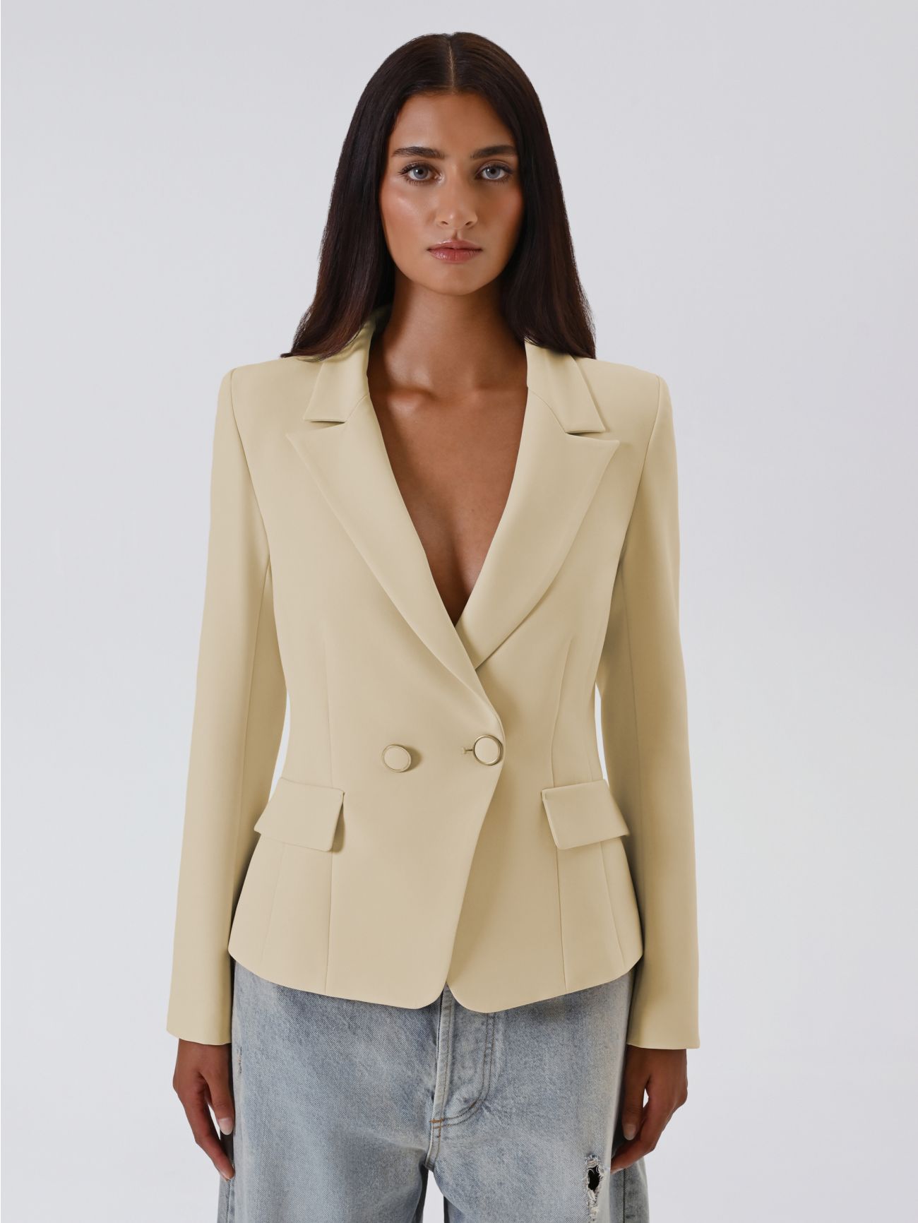 Jasnobeżowa marynarka dwurzędowa det_2