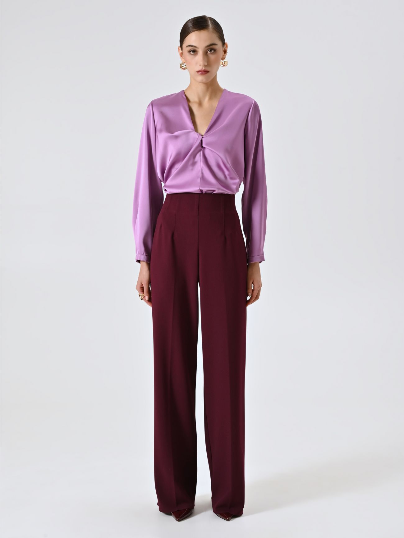 Pantalone Palazzo in Scuba mano Crepe Bordeaux det_1