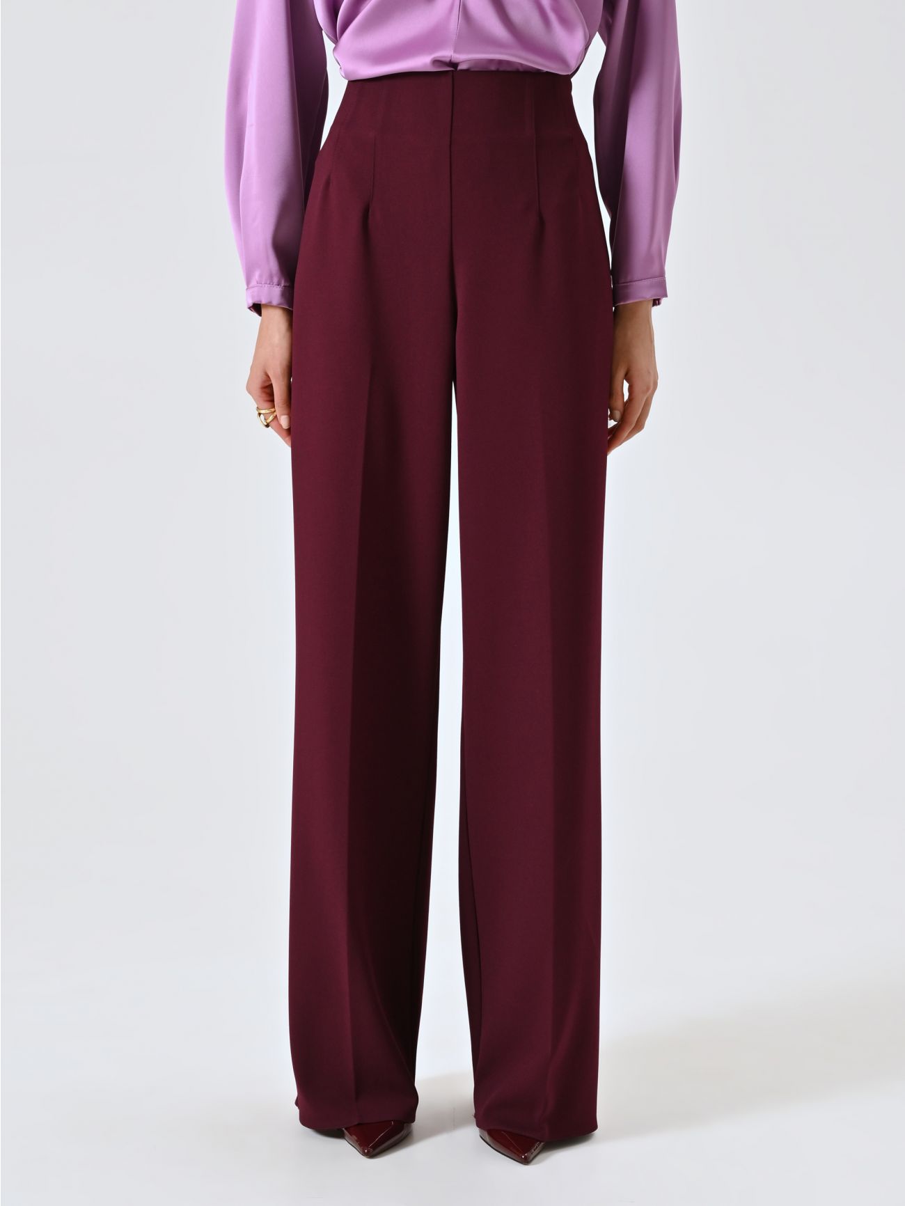 Pantalone Palazzo in Scuba mano Crepe Bordeaux det_2