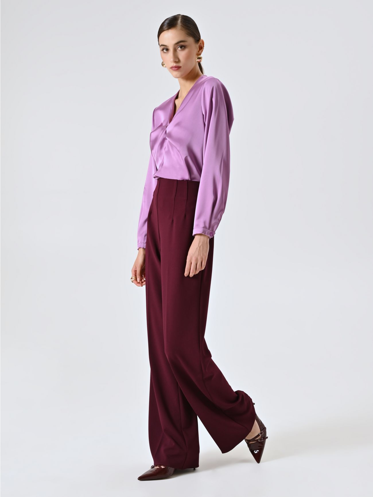 Pantalone Palazzo in Scuba mano Crepe Bordeaux in_i7