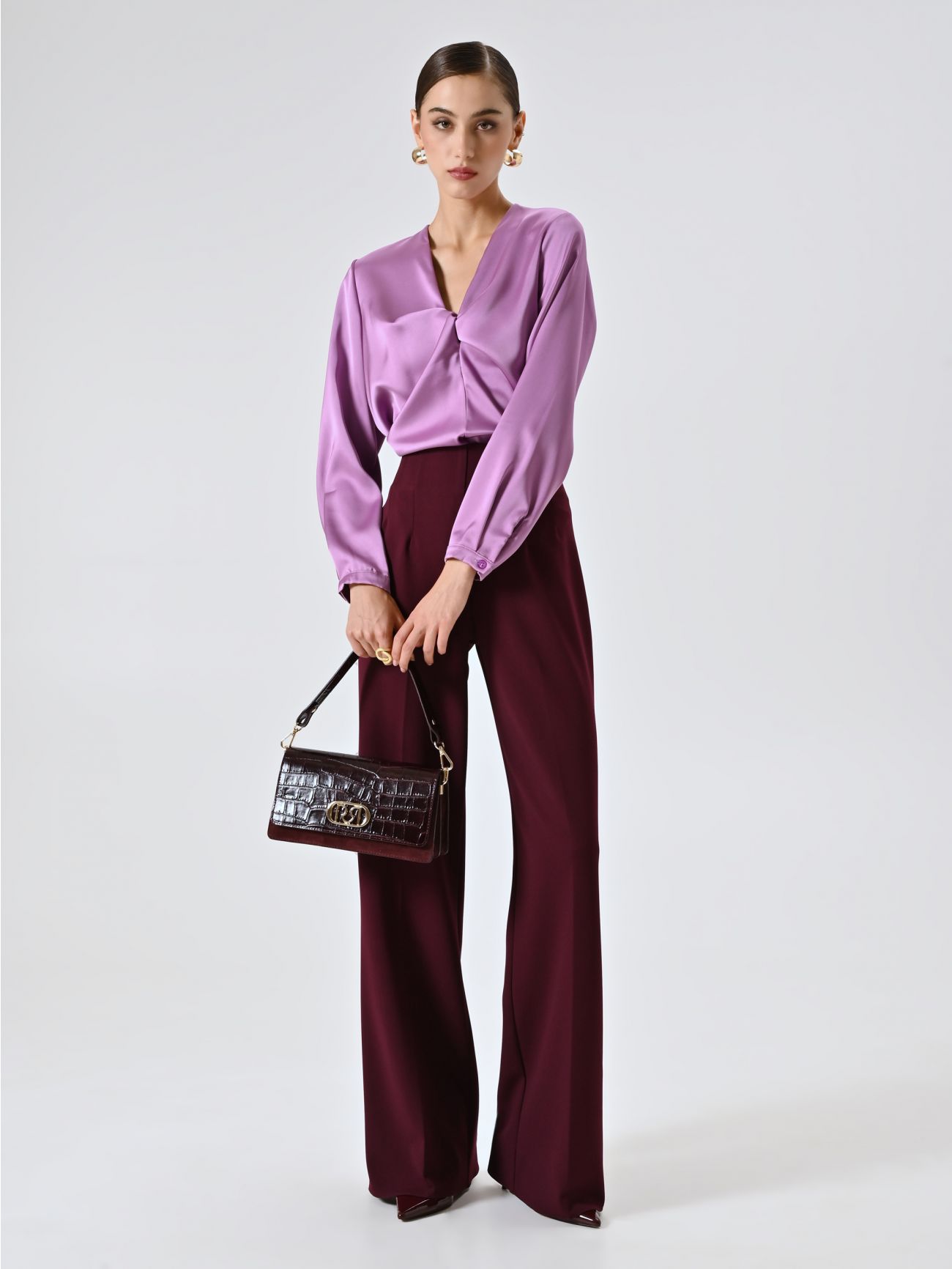 Burgundy Palazzo Trousers in Scuba Crepe Fabric  Rinascimento