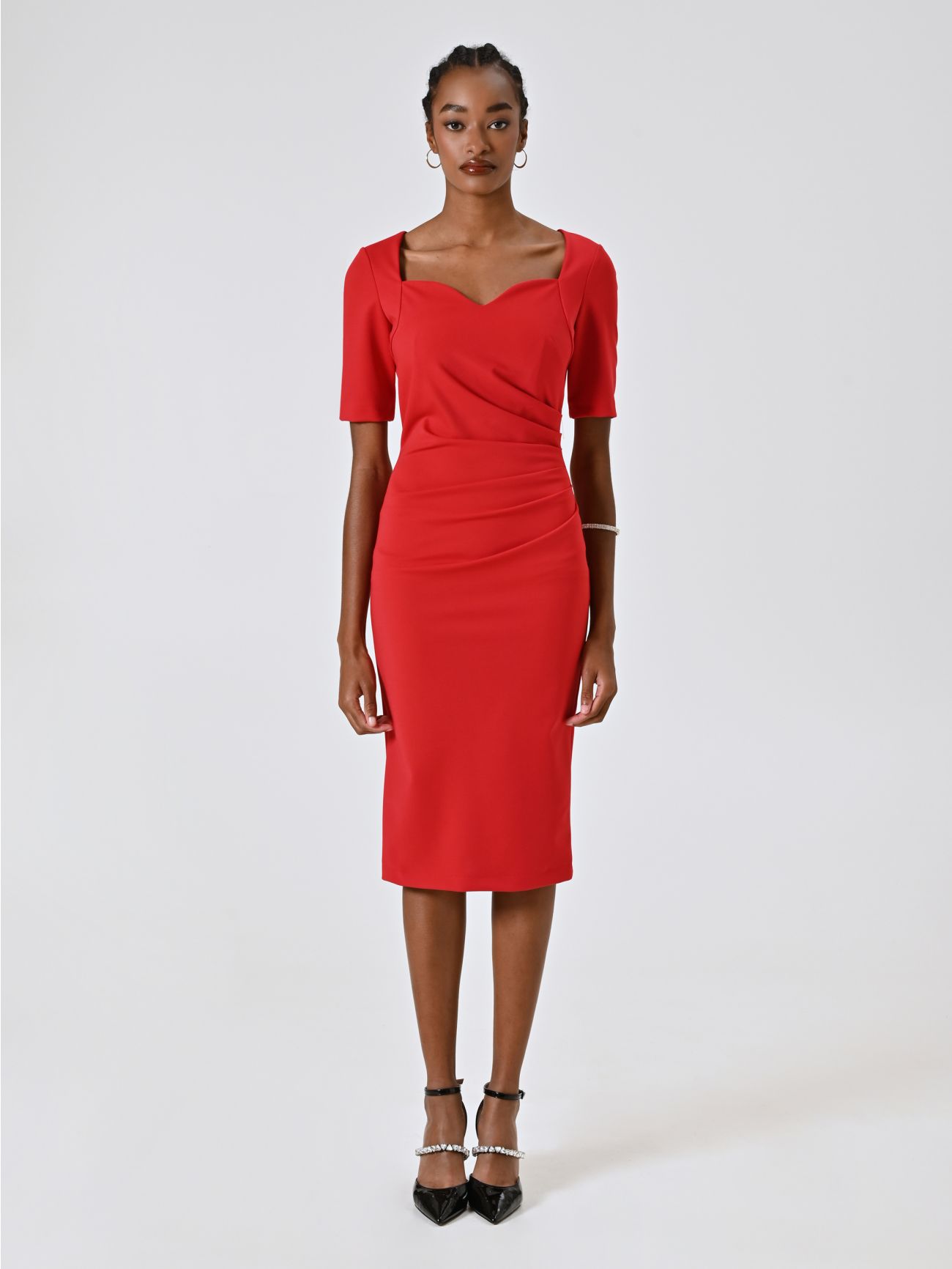 Red Sheath Dress in Milano Stitch with Sweetheart Neckline det_1