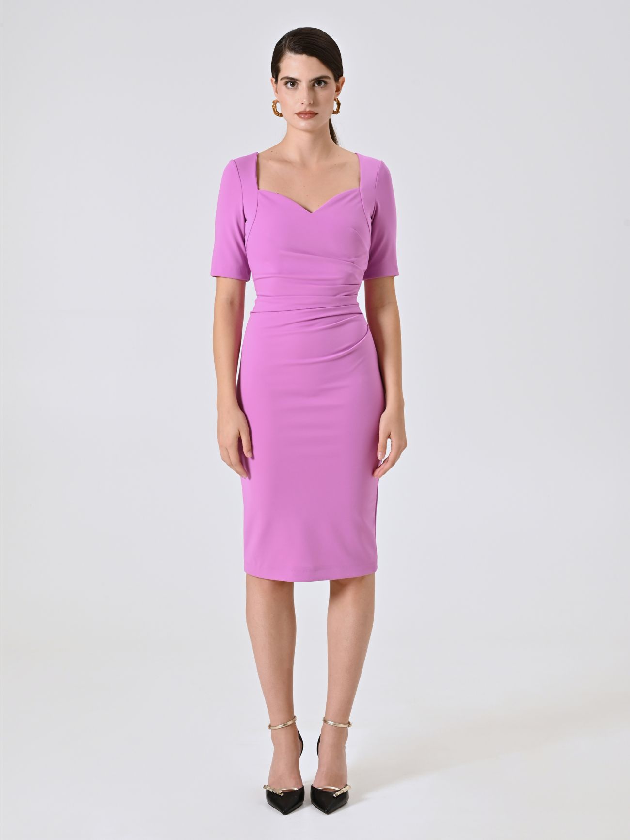 Vestido de tubo en punto milano rosa orquídea con escote corazón det_1